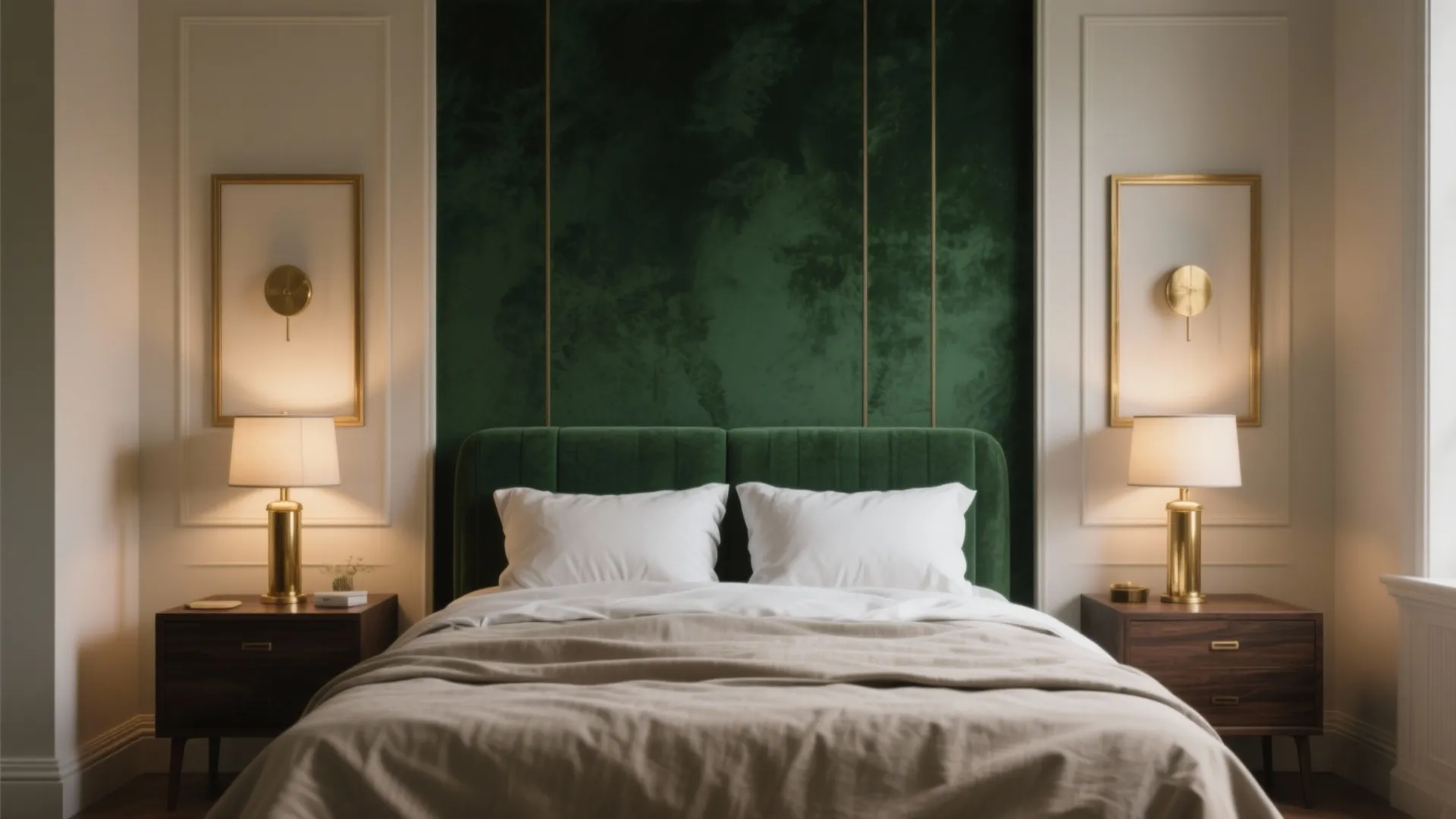 Bedroom with deep forest green accent wall and brass lamps, balanced with light walls.
