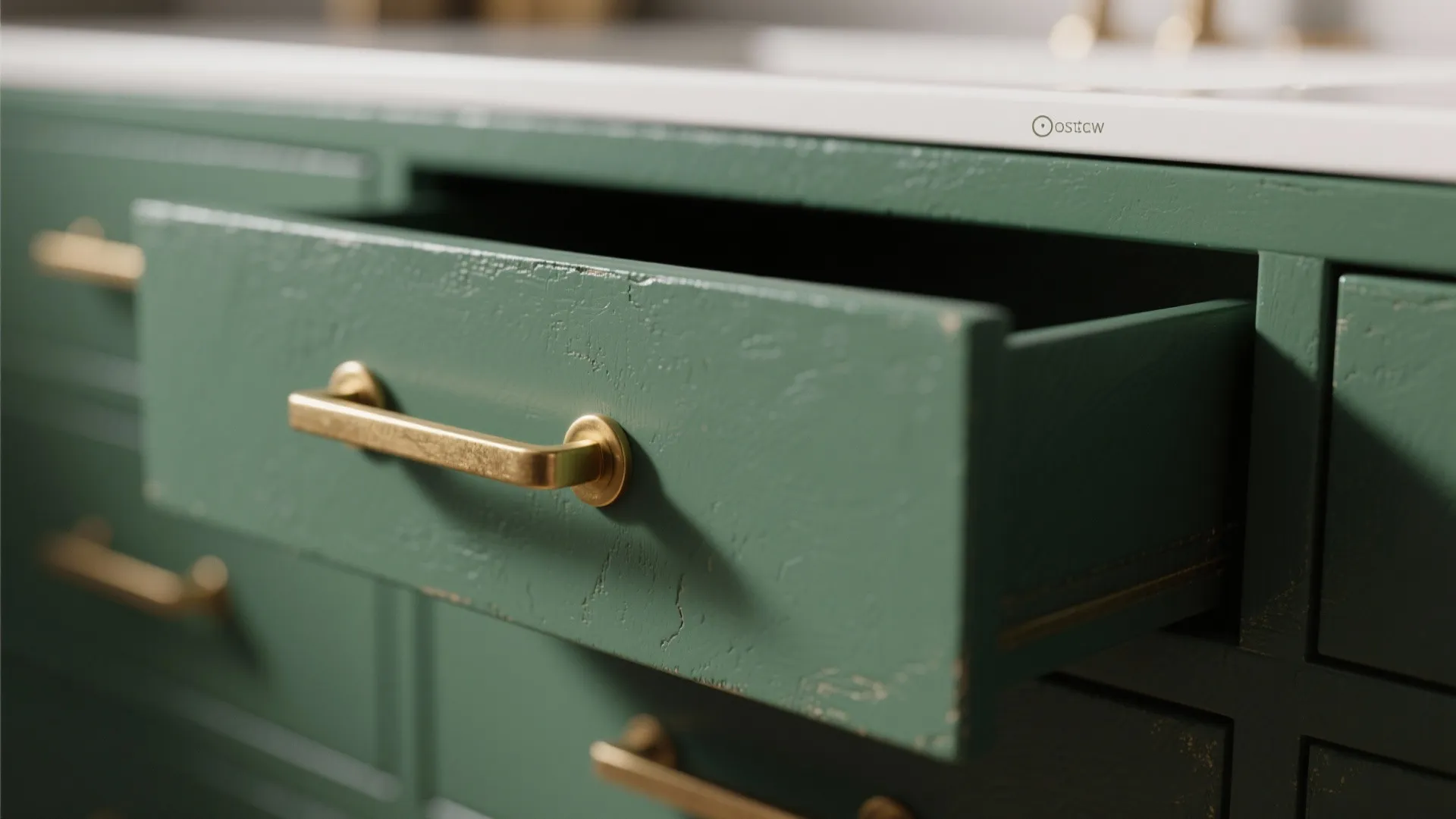 1. Matte Forest Green Vanity with Brass Accents