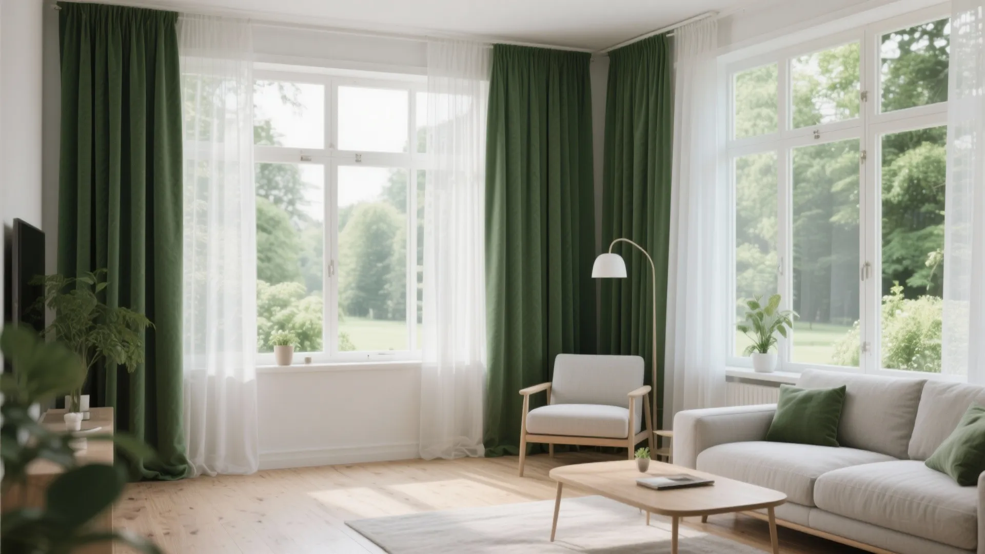 Large windows framed with forest green curtains and white sheers