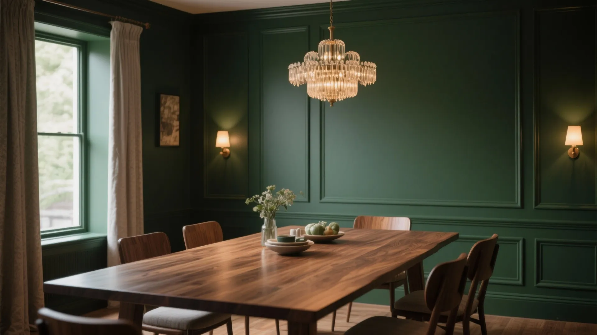 Elegant dining room with dark green wall panel and wooden table under a ceiling light