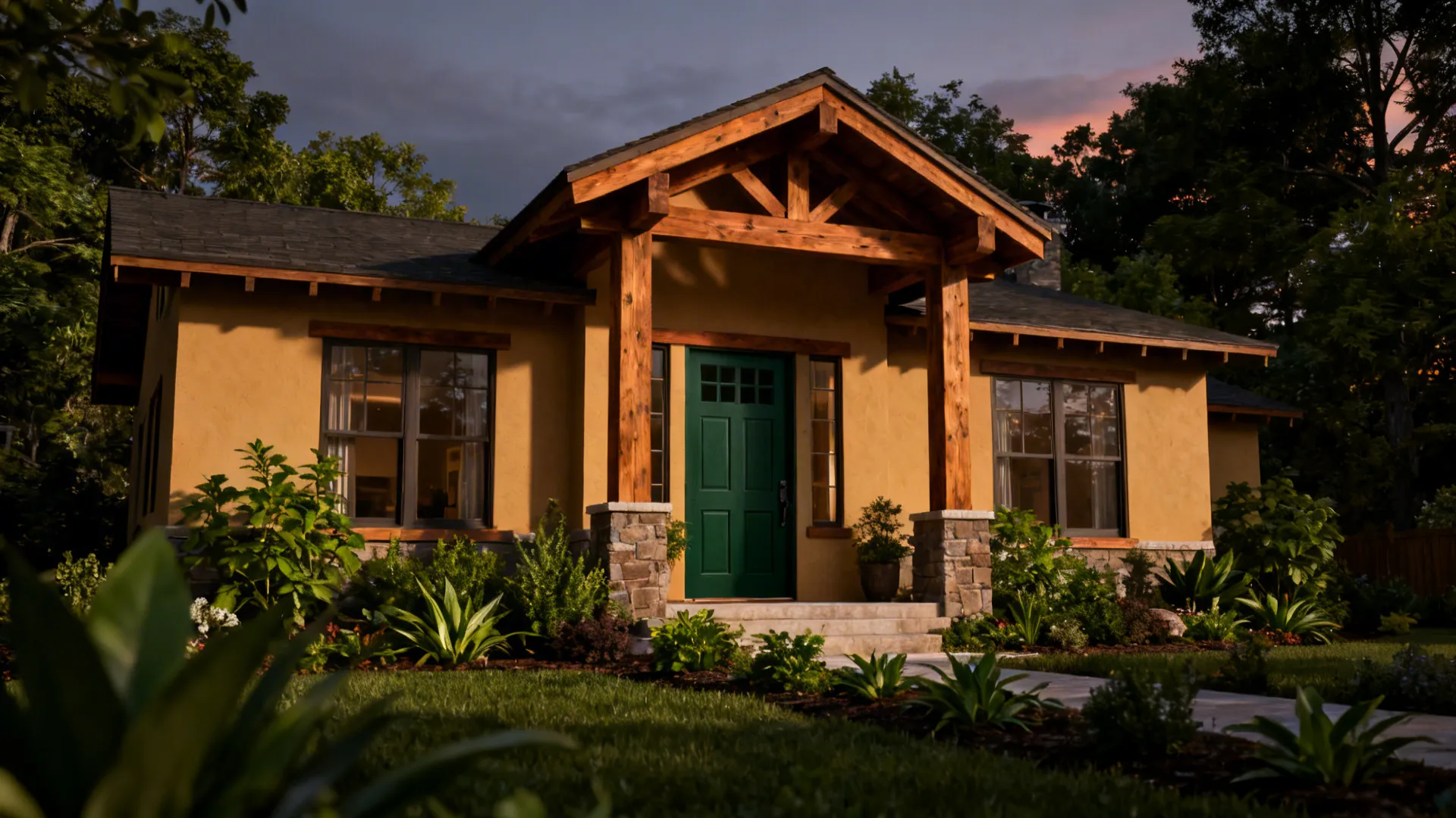 Craftsman tan house with a deep forest green front door and surrounding greenery.