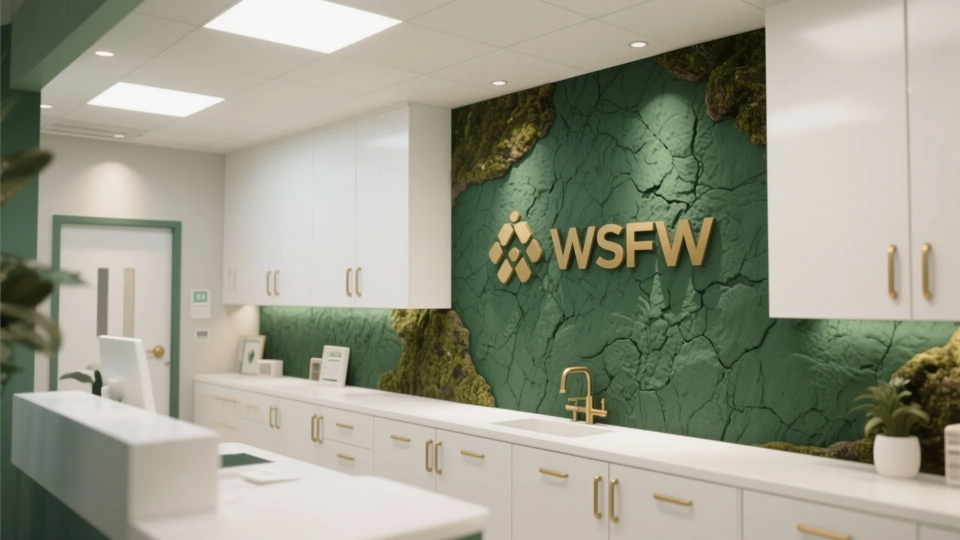 Clinic feature wall in forest green with white and brass details