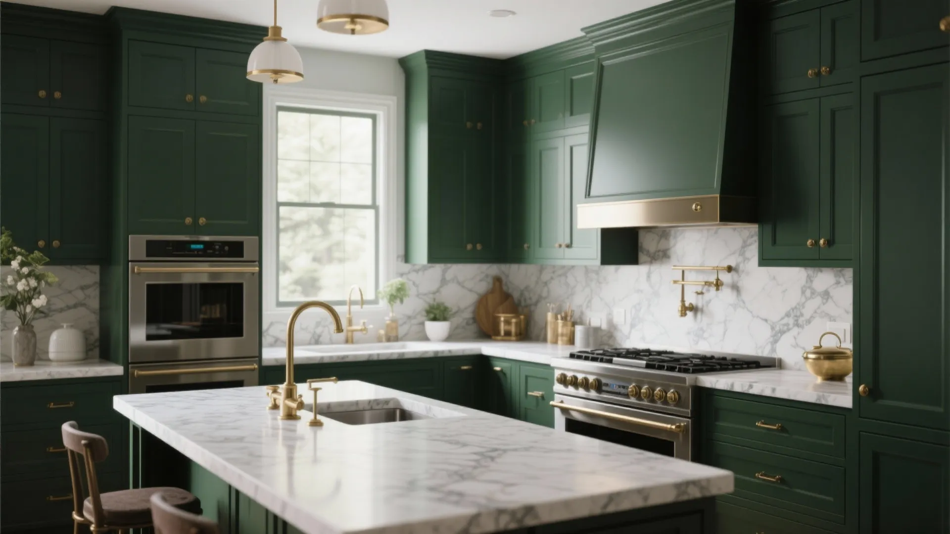 Luxury green kitchen with marble countertops gold faucet gas stove and large white marble island surface