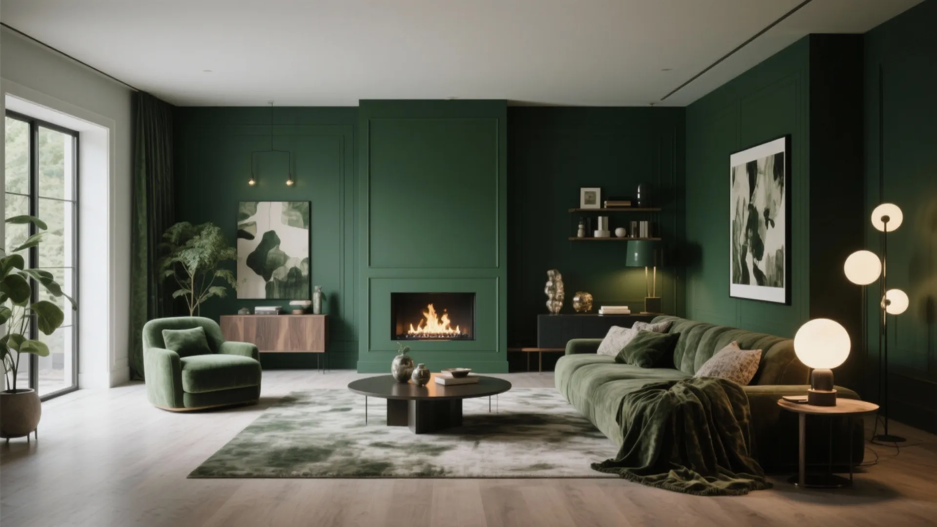 Forest green accented open-plan living room with cozy corners