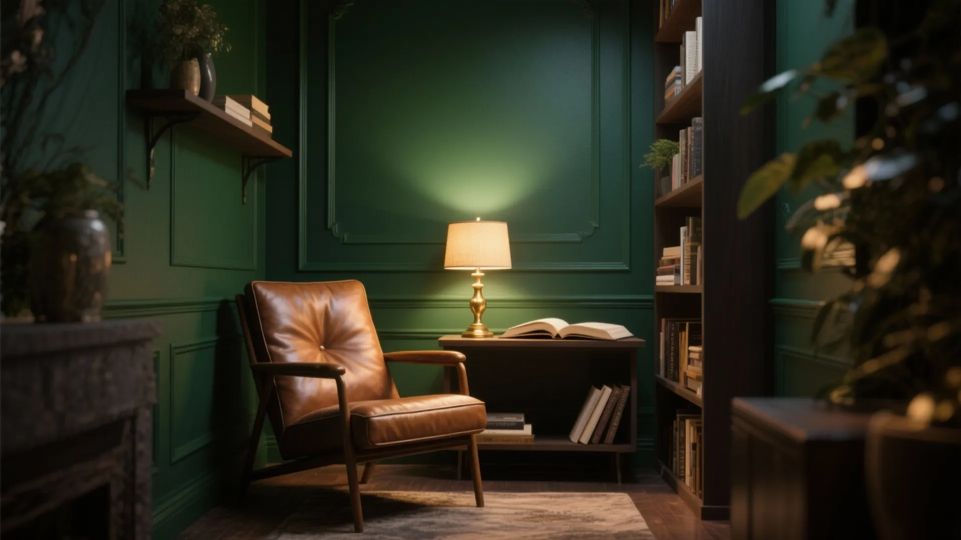 Classic reading corner with green wall panel plus brown leather chair and small table light
