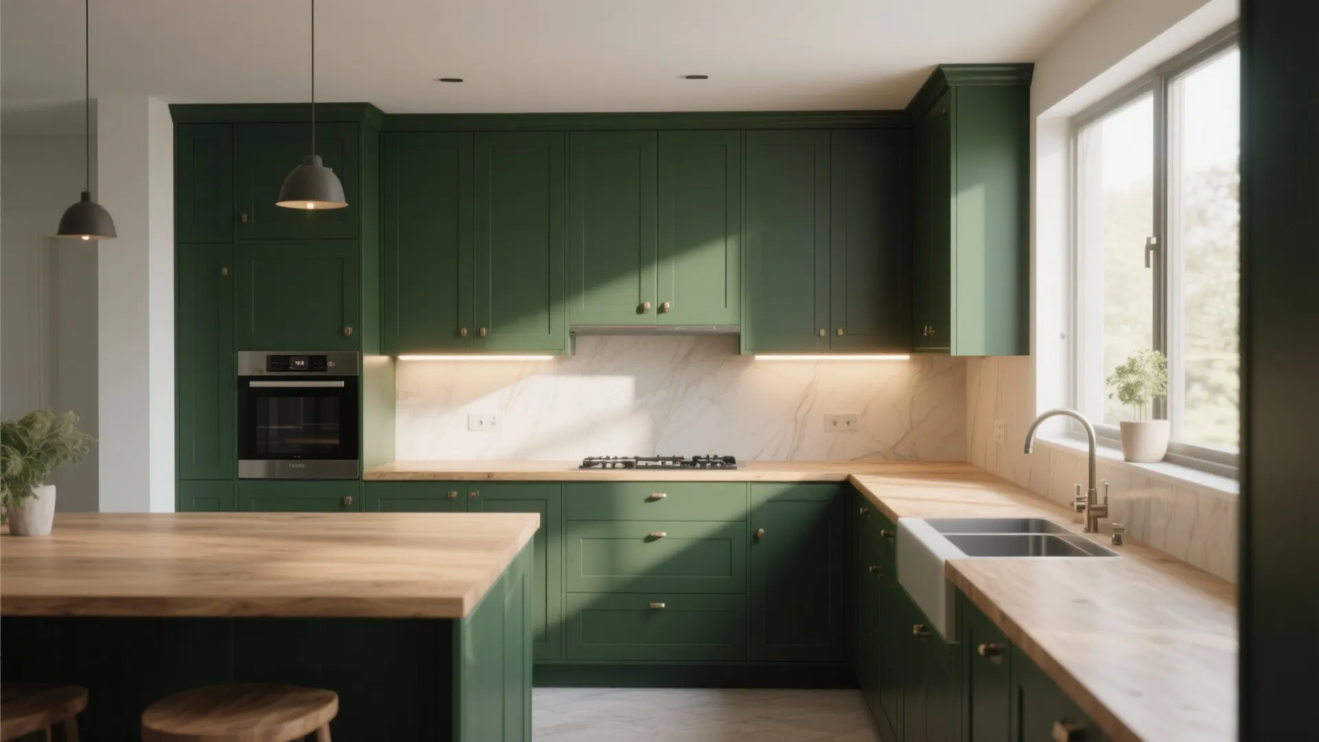 1. Deep Forest Green Cabinets + Light Oak Worktop