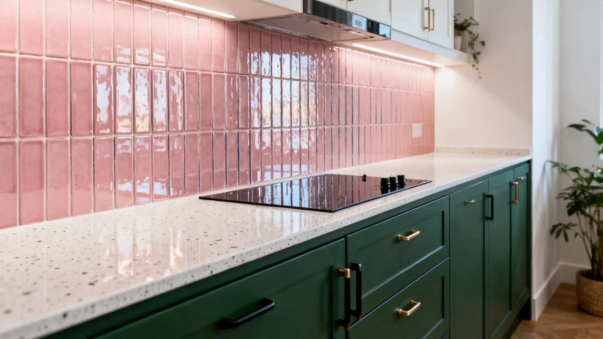 U-shaped kitchen with forest green lower cabinets and vertical petal-pink tile backsplash.