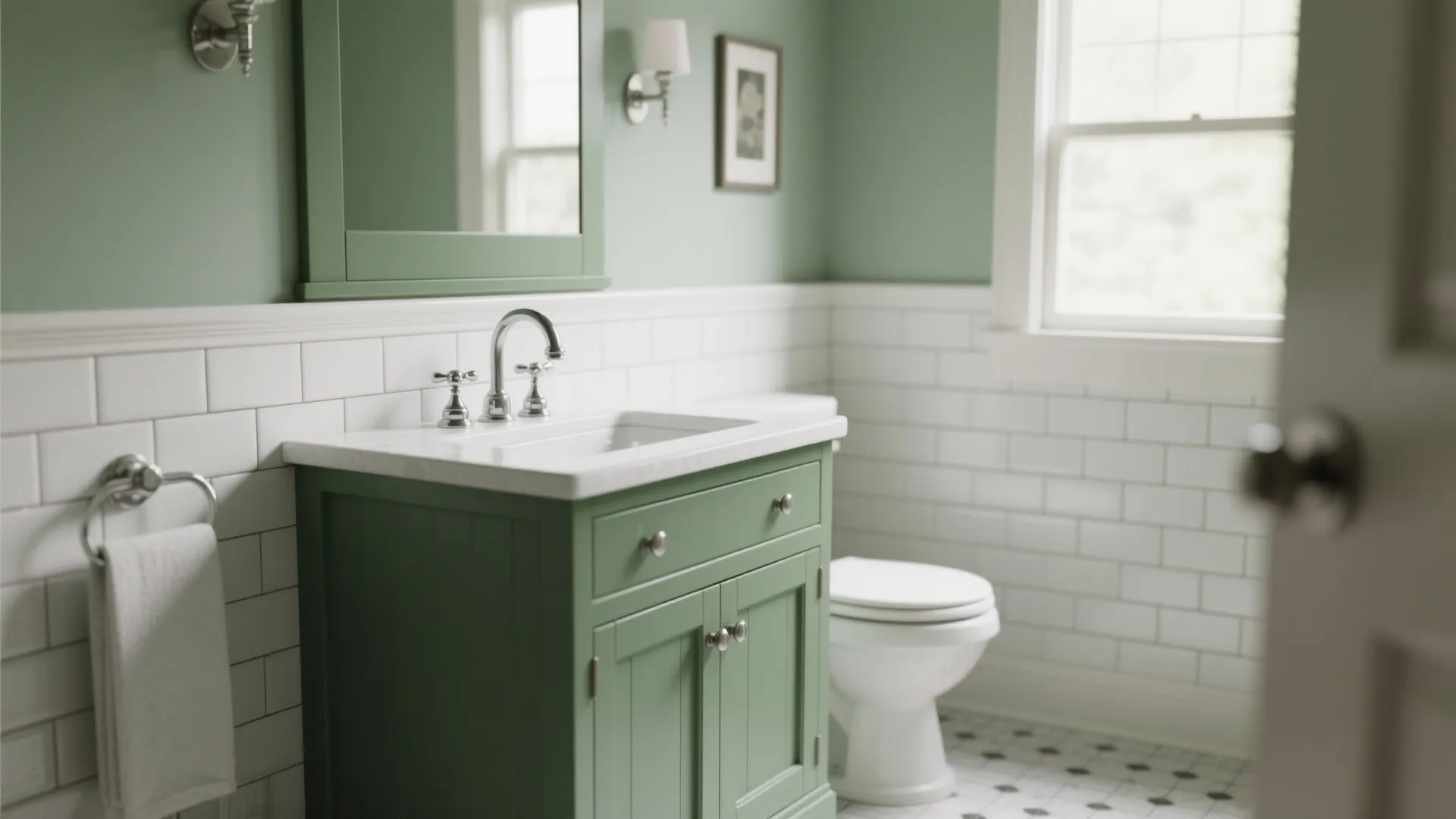 Forest green Shaker vanity with white subway tiles