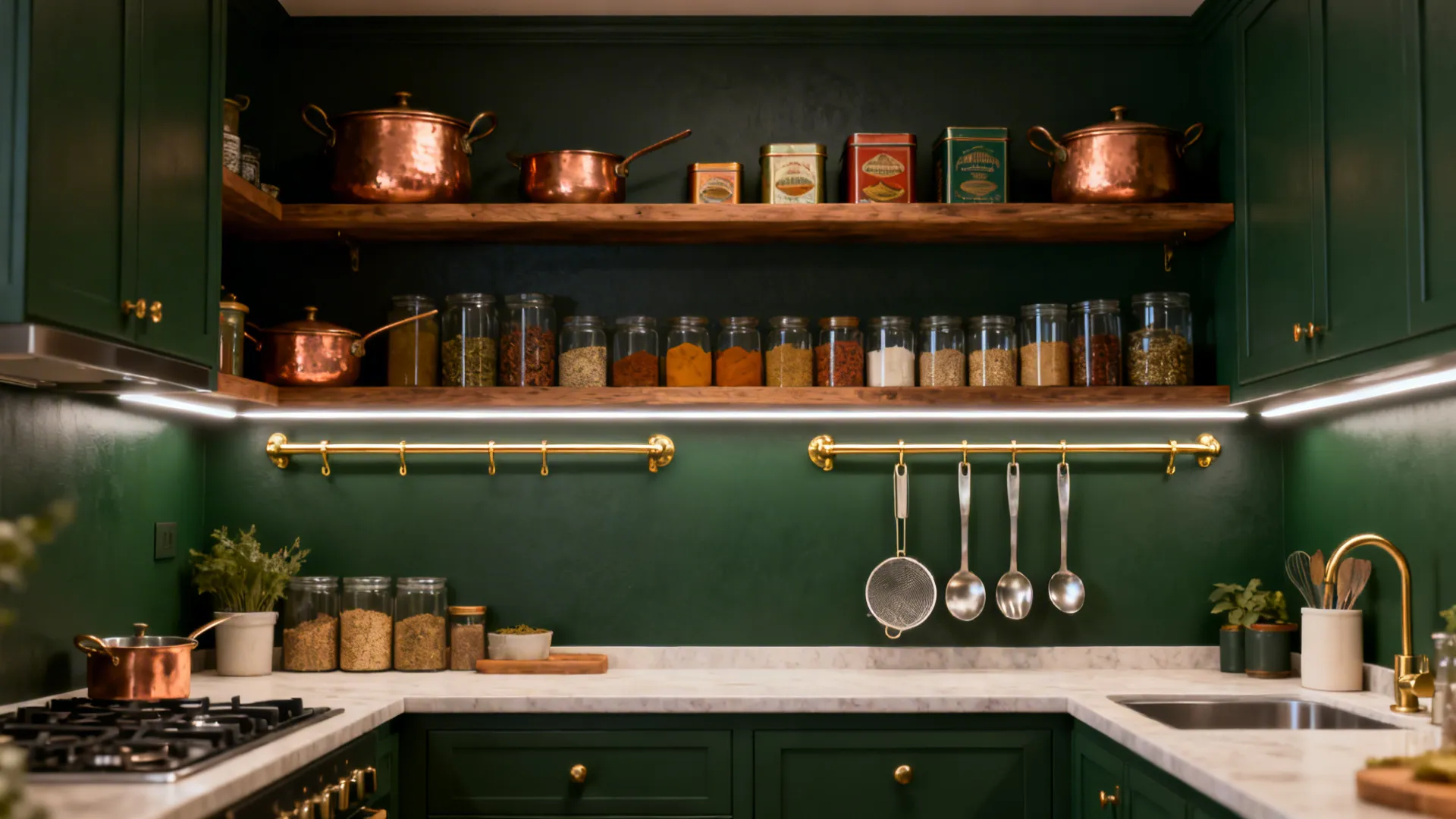 Forest green accent wall with open wood shelves, brass rails, and Indian cookware.