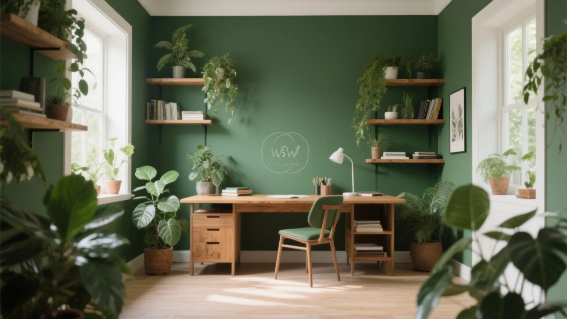 Bright home office with dark green walls wooden desk chair many green plants and natural light