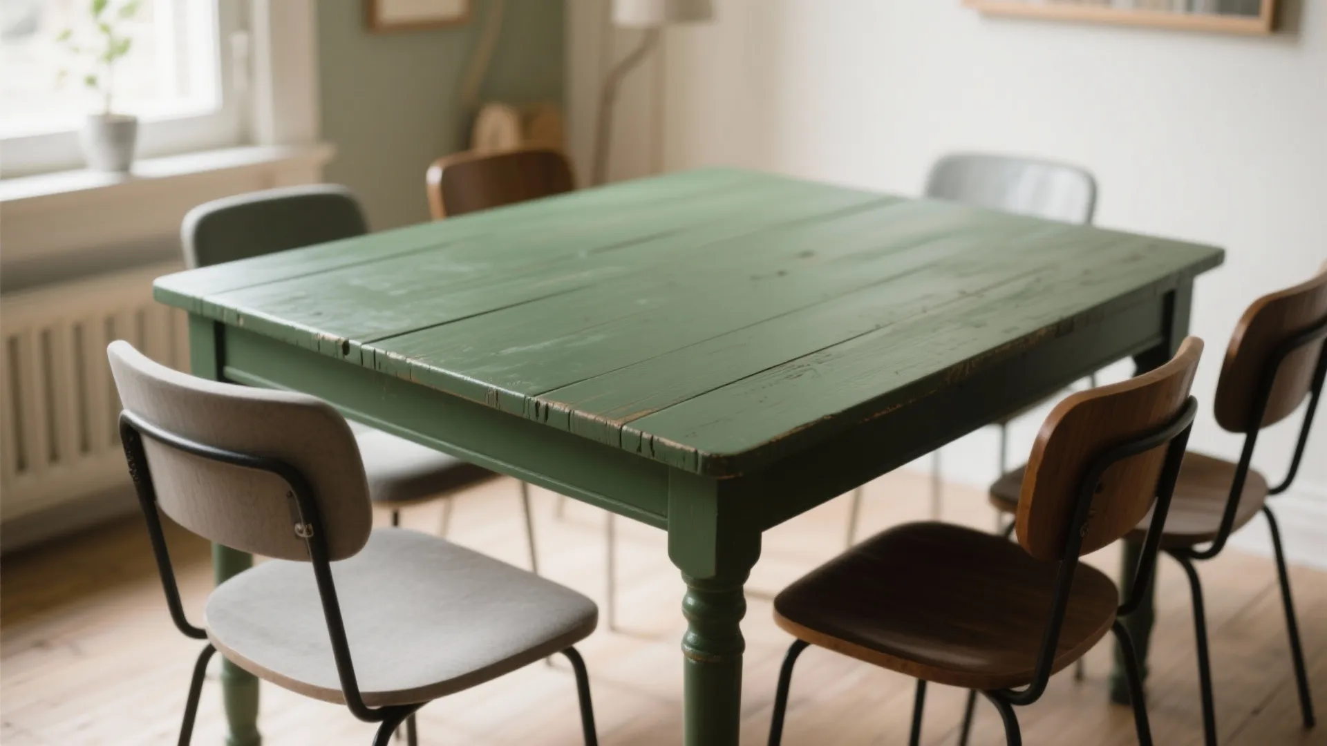 Vintage dining table in matte forest green as room centerpiece