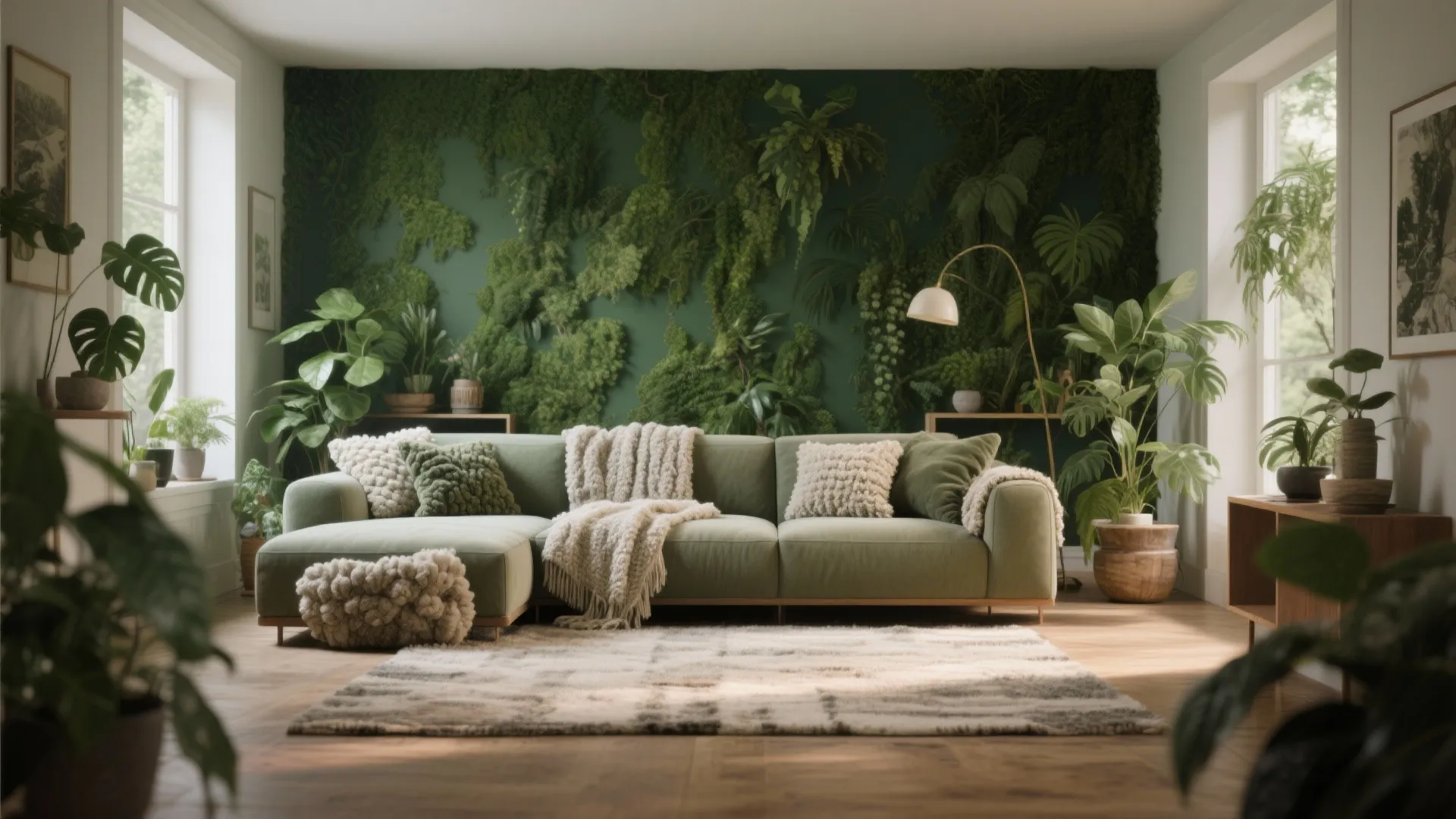 Modern living room featuring green sofa with textured pillows against a lush vertical green wall