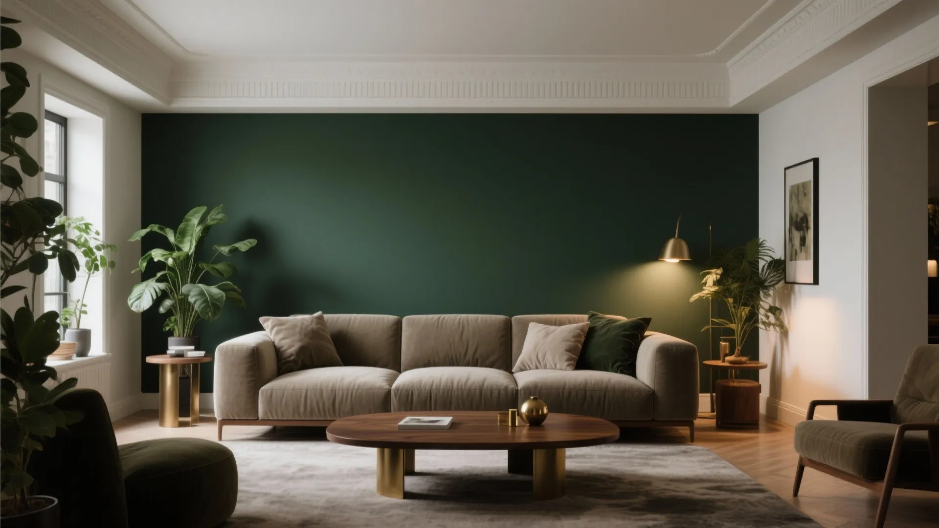 Modern living room with dark green wall beige sofa wooden coffee table plants and gold light