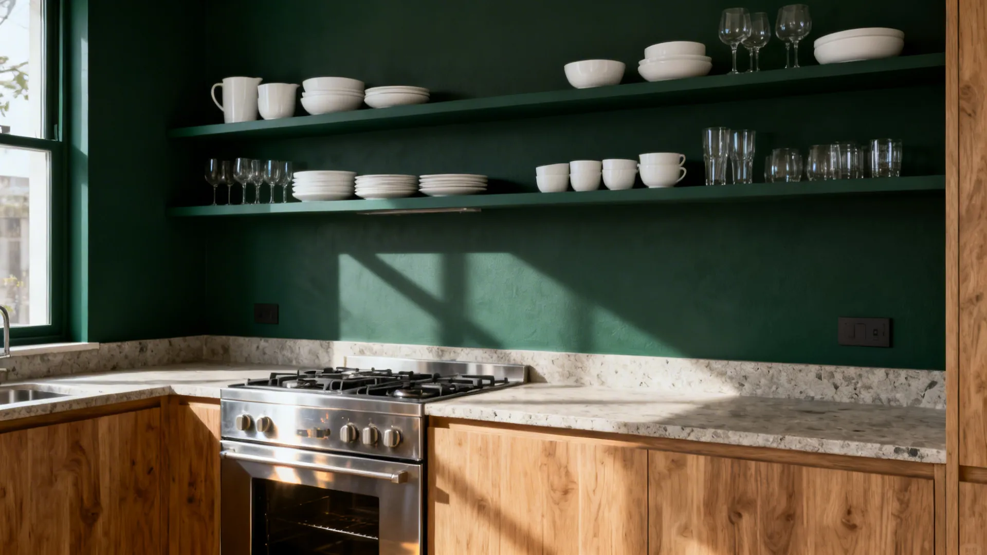 2) Deep Forest Accent Wall to Anchor Open Shelving