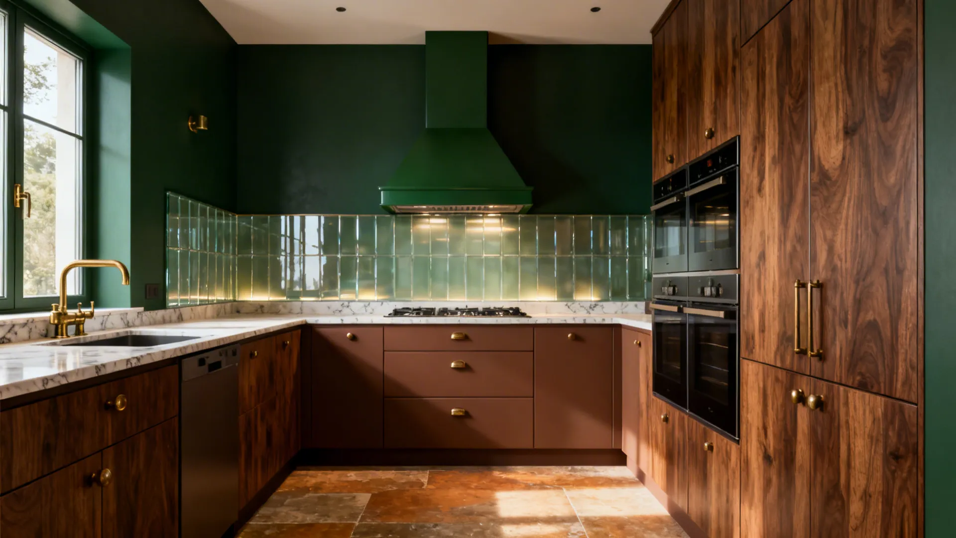 Dark green kitchen with walnut wood cabinets, marble countertops, gold sink, and green stove hood