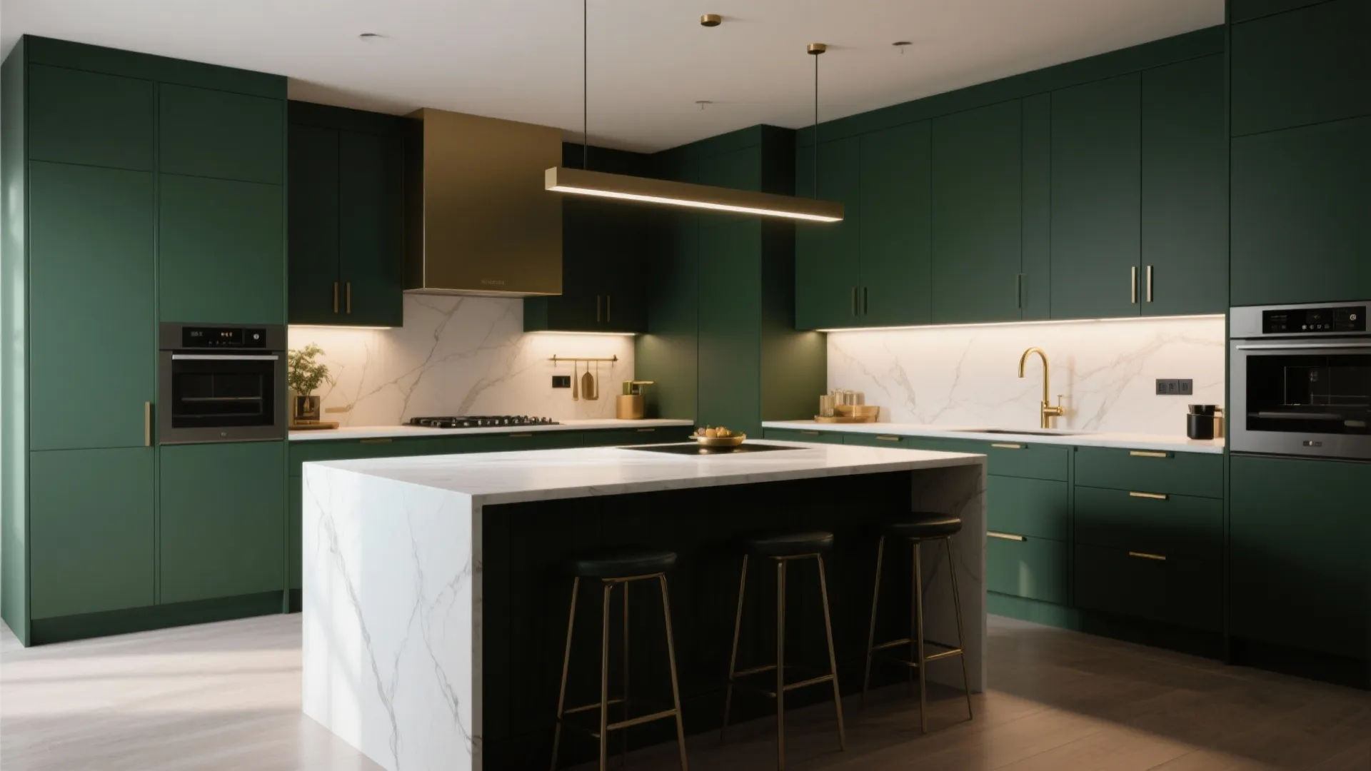 Modern dark green kitchen with marble island gold light fixture built in oven and stools