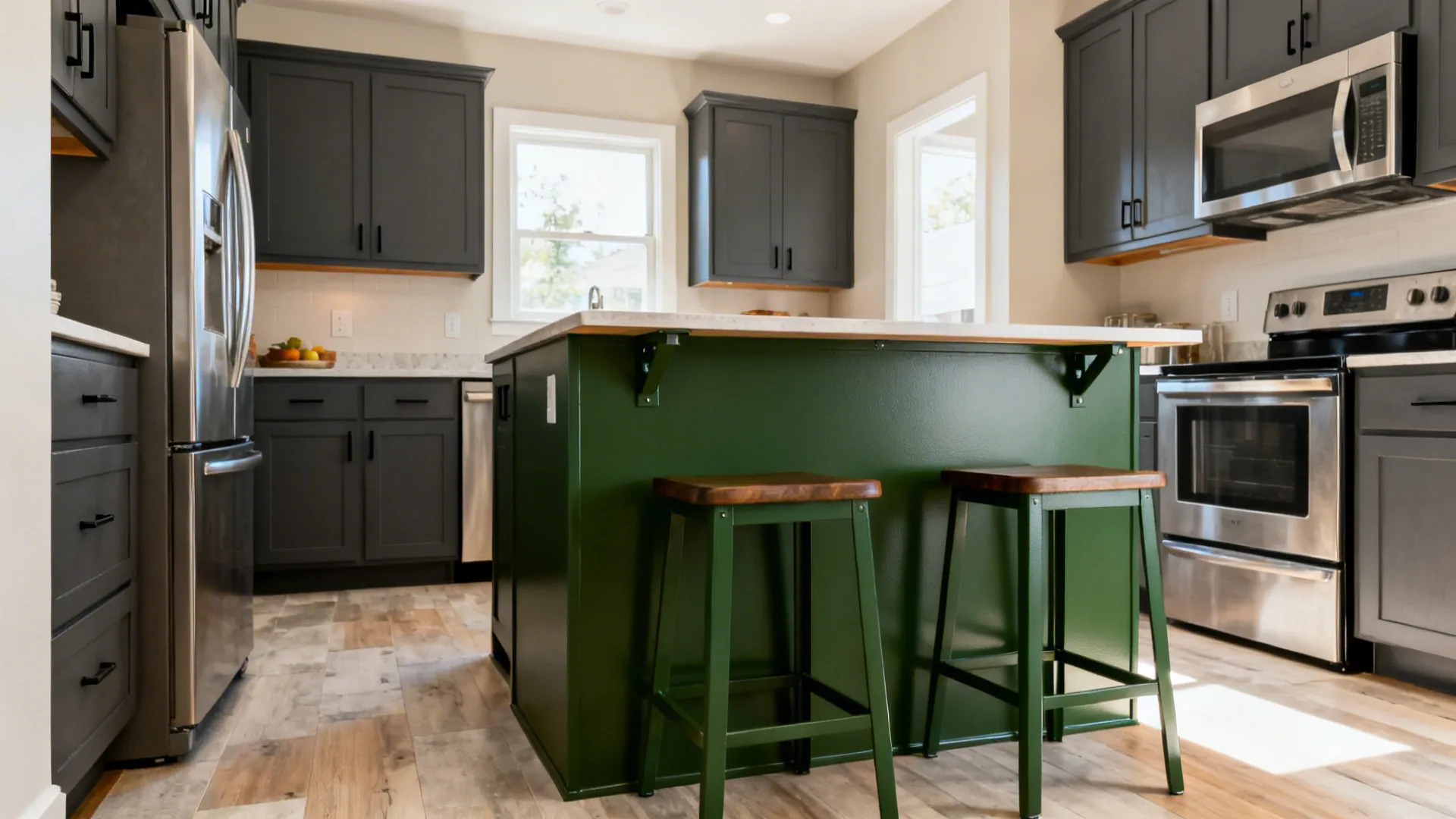 Modern kitchen with dark grey cabinets, green island with wood stools, and stainless steel appliances