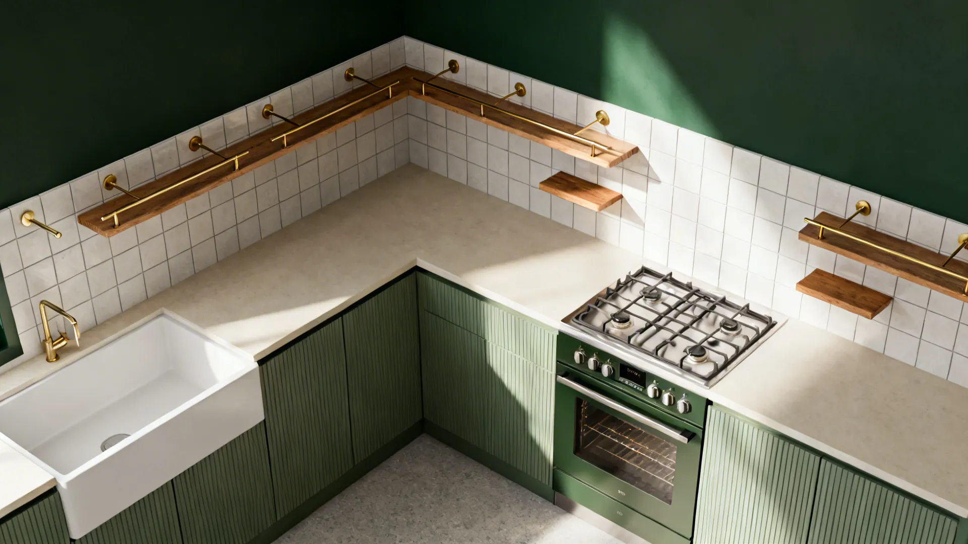 Top-down view showing shelf depth and brass rail alignment in a forest-green kitchen.