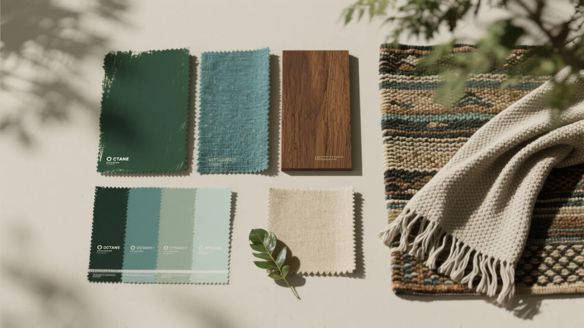 Top-down arrangement of deep-green paint chips, fabric and timber samples showing a woodland color palette.