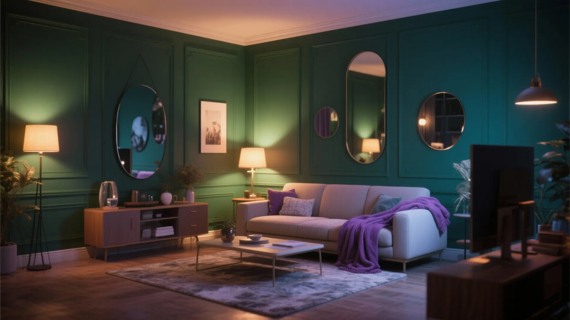 5. Forest Green Walls with Mauve Throws