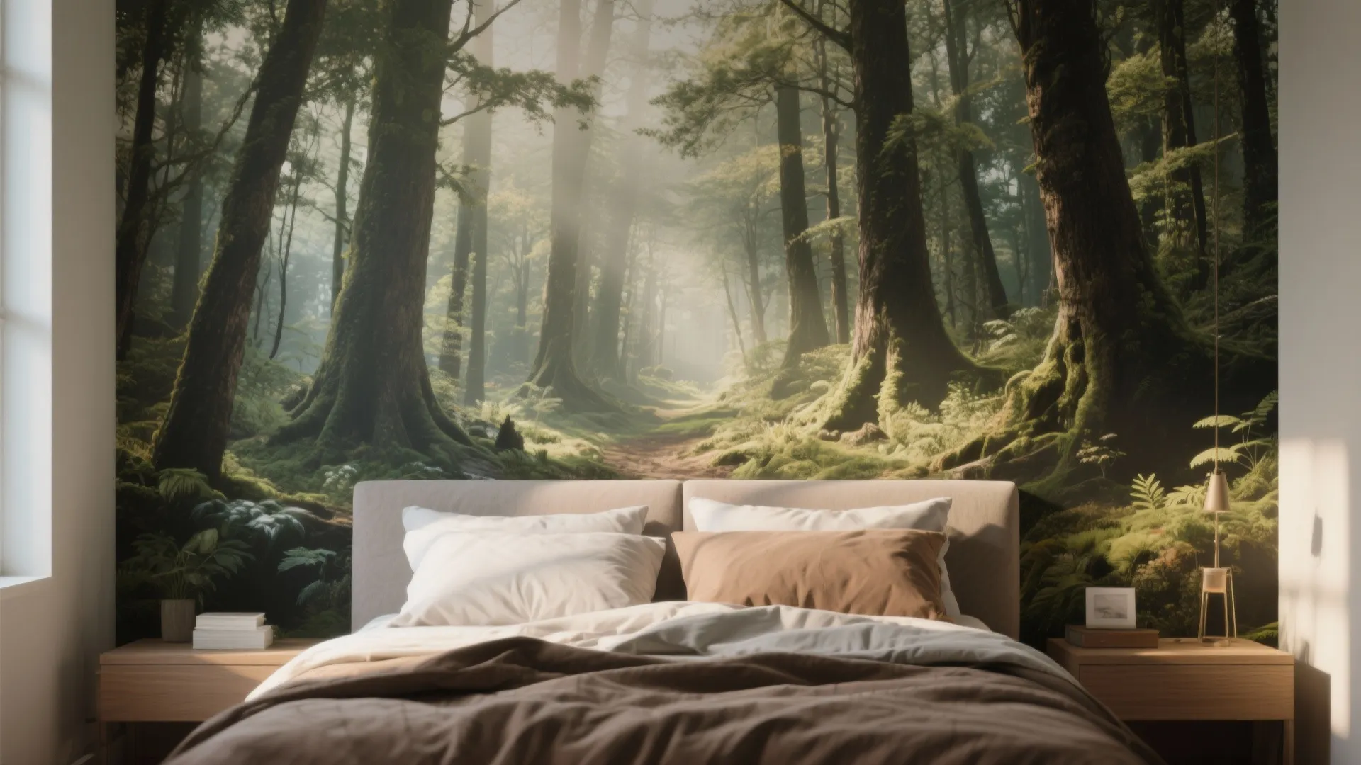Cozy bedroom with a large forest nature wall mural behind the bed and soft morning light