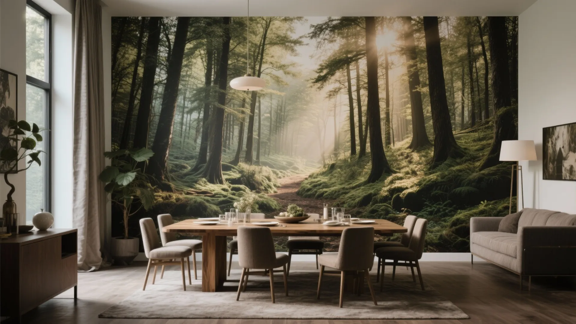 Modern dining room featuring large forest wall mural wooden table grey chairs and ceiling light