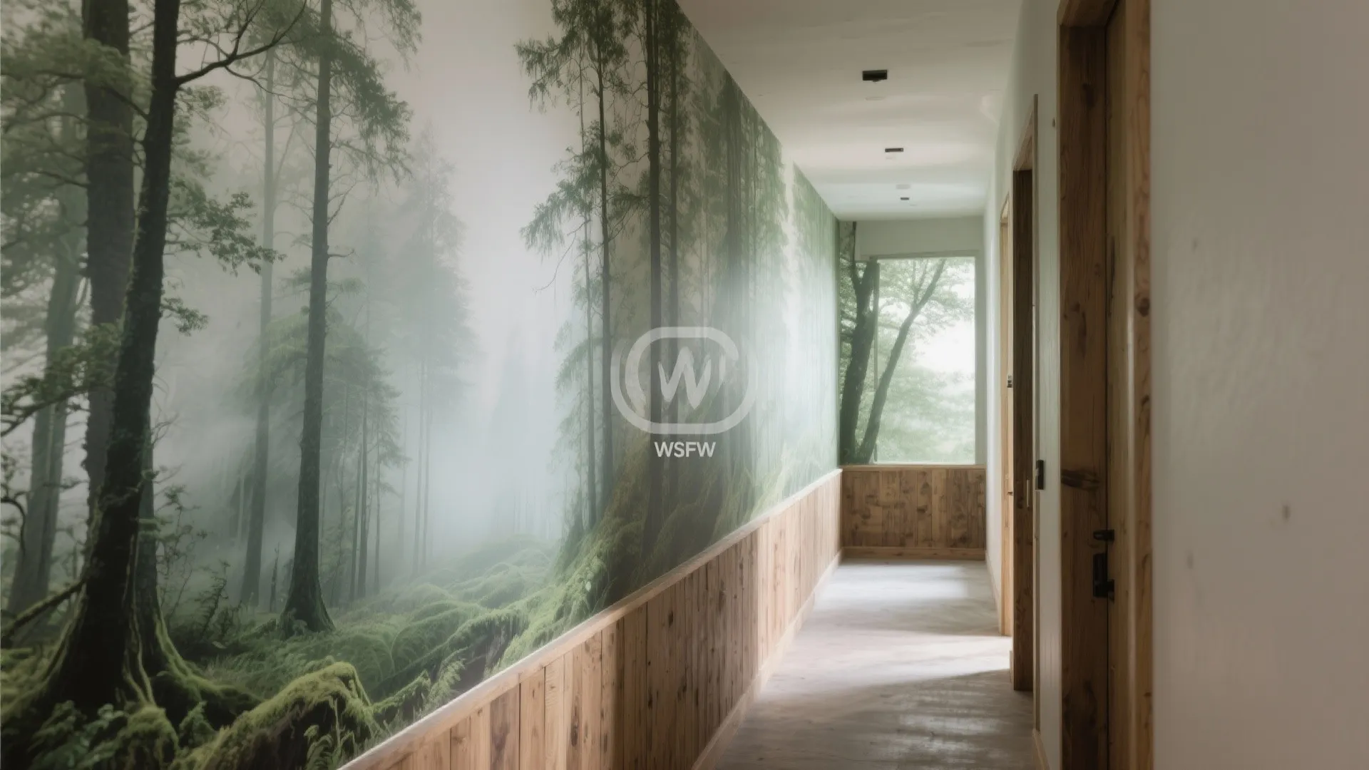 Long hallway featuring a large green forest wall mural above natural light wood wall panels