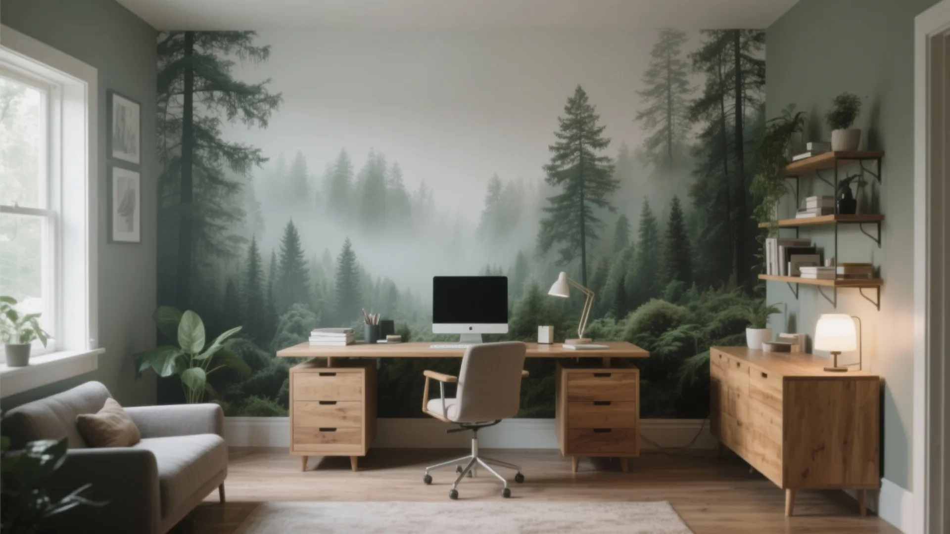 Home office with panoramic foggy forest mural and natural wood desk