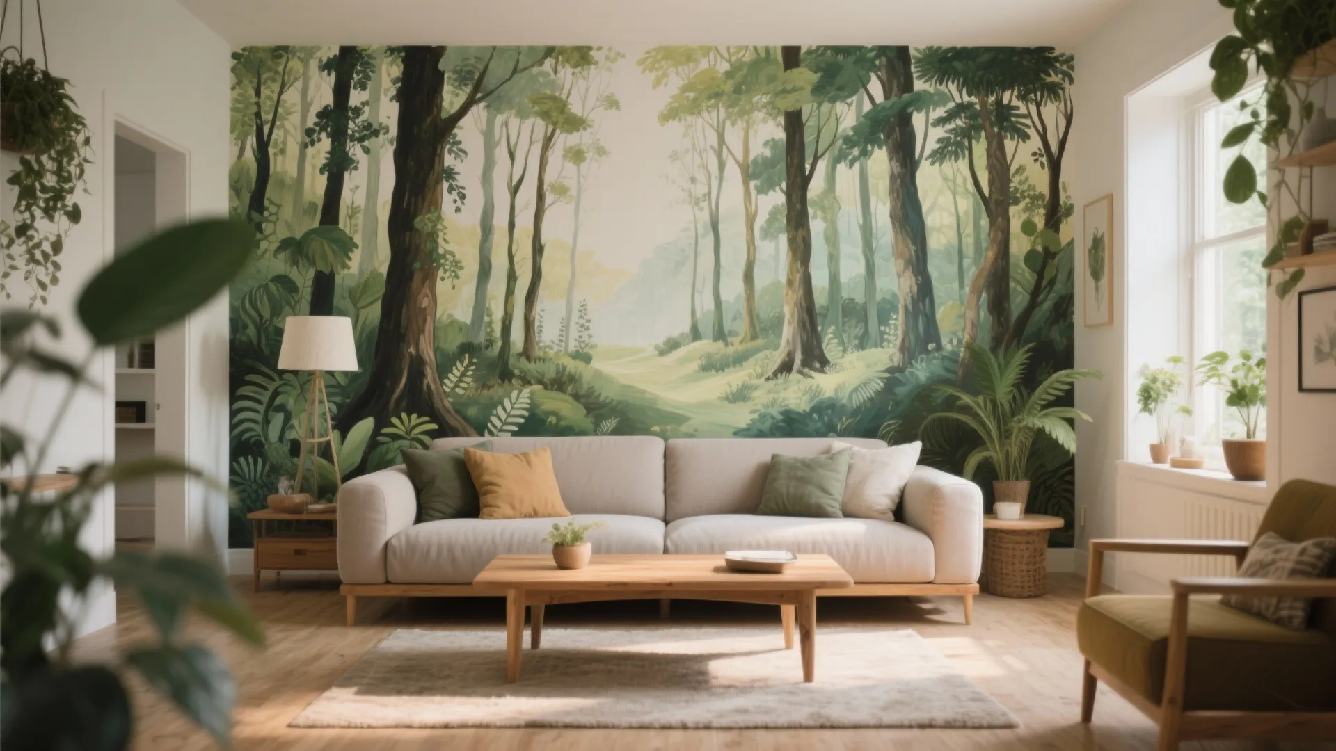 Cozy living room with large forest mural wall including green plants sofa and wooden table
