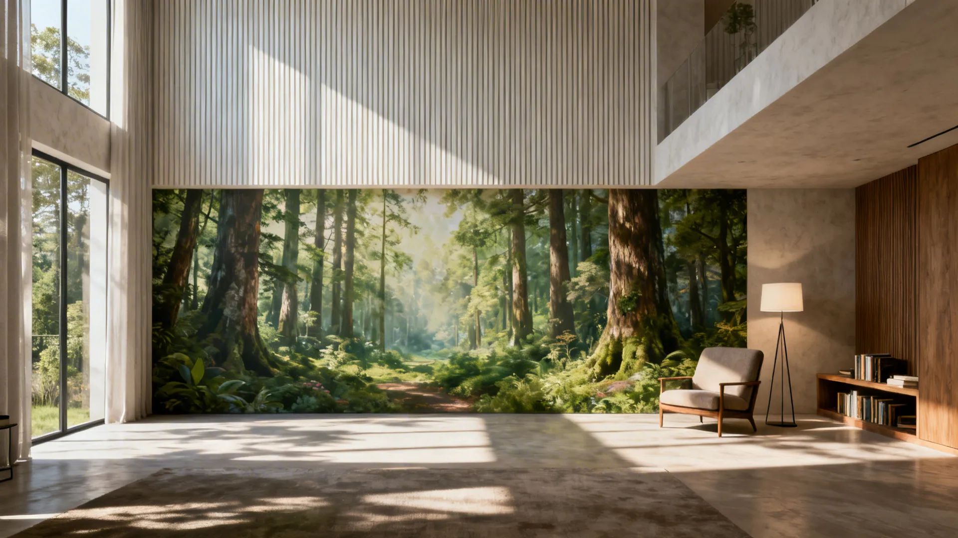 Living room with a large 3D forest panorama mural creating depth and a calming focal point