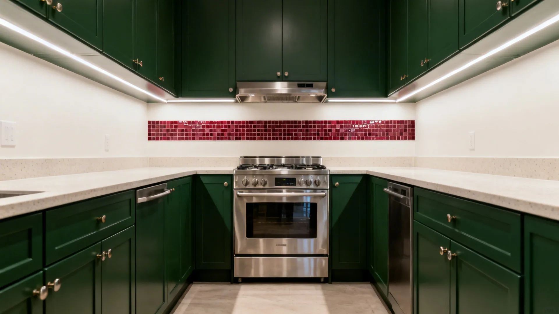 Narrow kitchen with forest green lowers and a slim ruby mosaic backsplash band.
