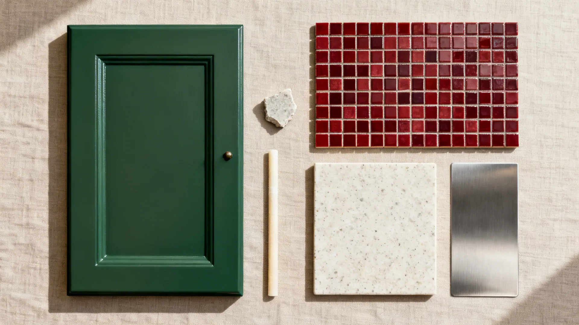 Flat lay of forest green enamel, ruby mosaic tile, light quartz, and grout on neutral linen.