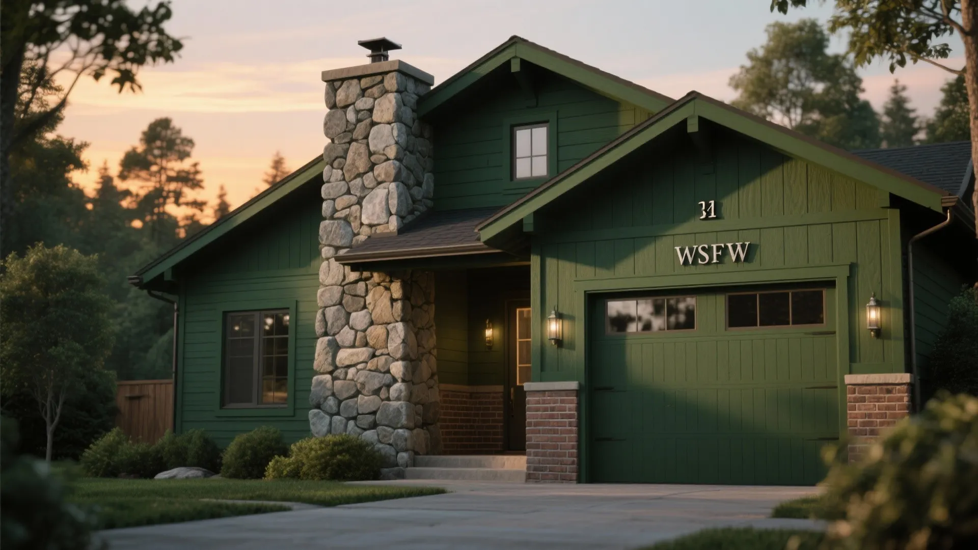 Deep forest green exterior paired with natural stone accents and warm sunset light for a curated look.