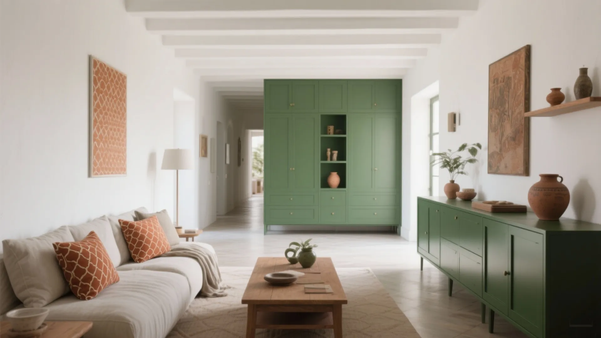 Modern white living room with green cabinet, cream sofa, orange pillows, and wooden coffee table