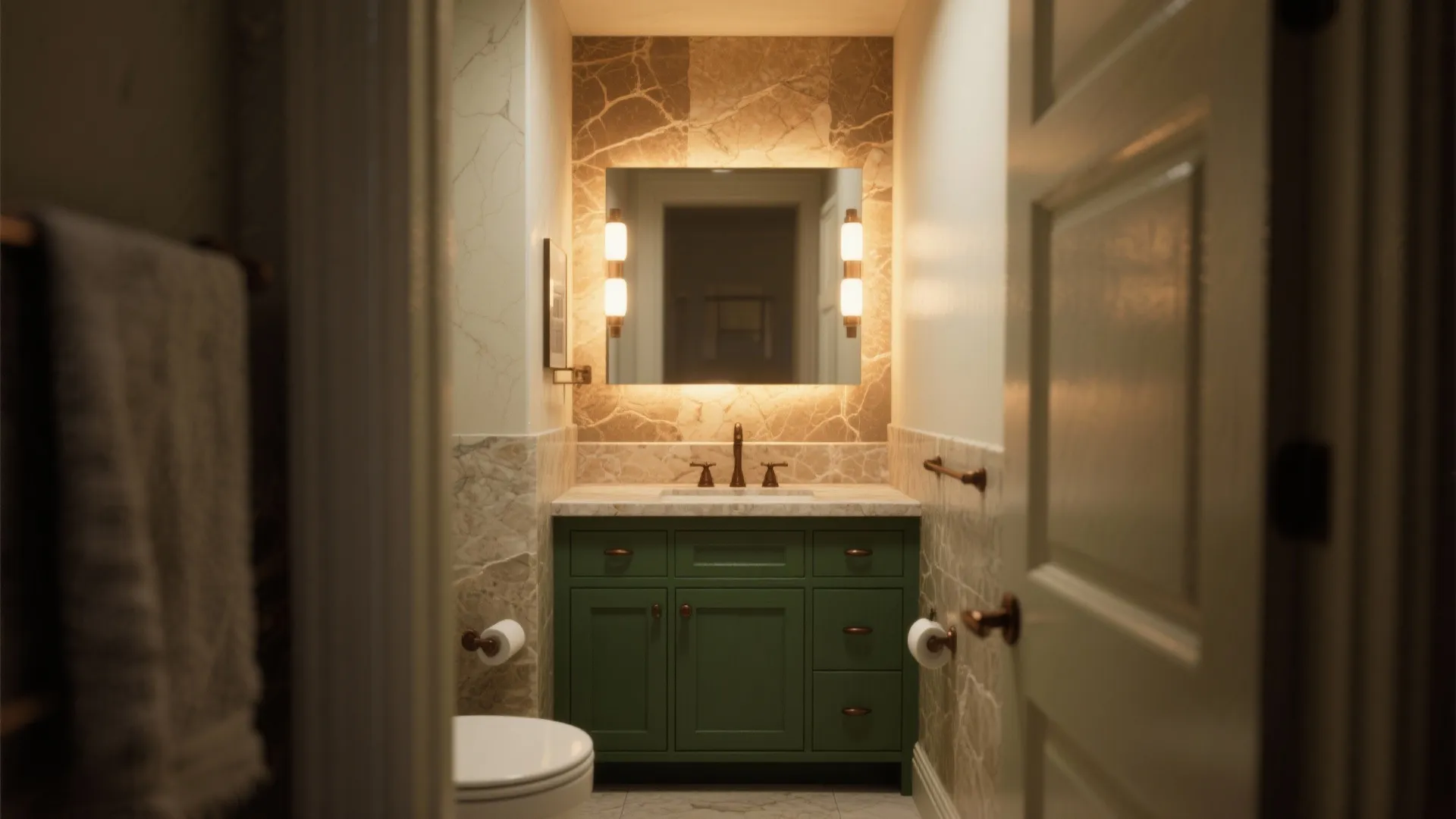 3. Forest-green vanity + tan stone counter