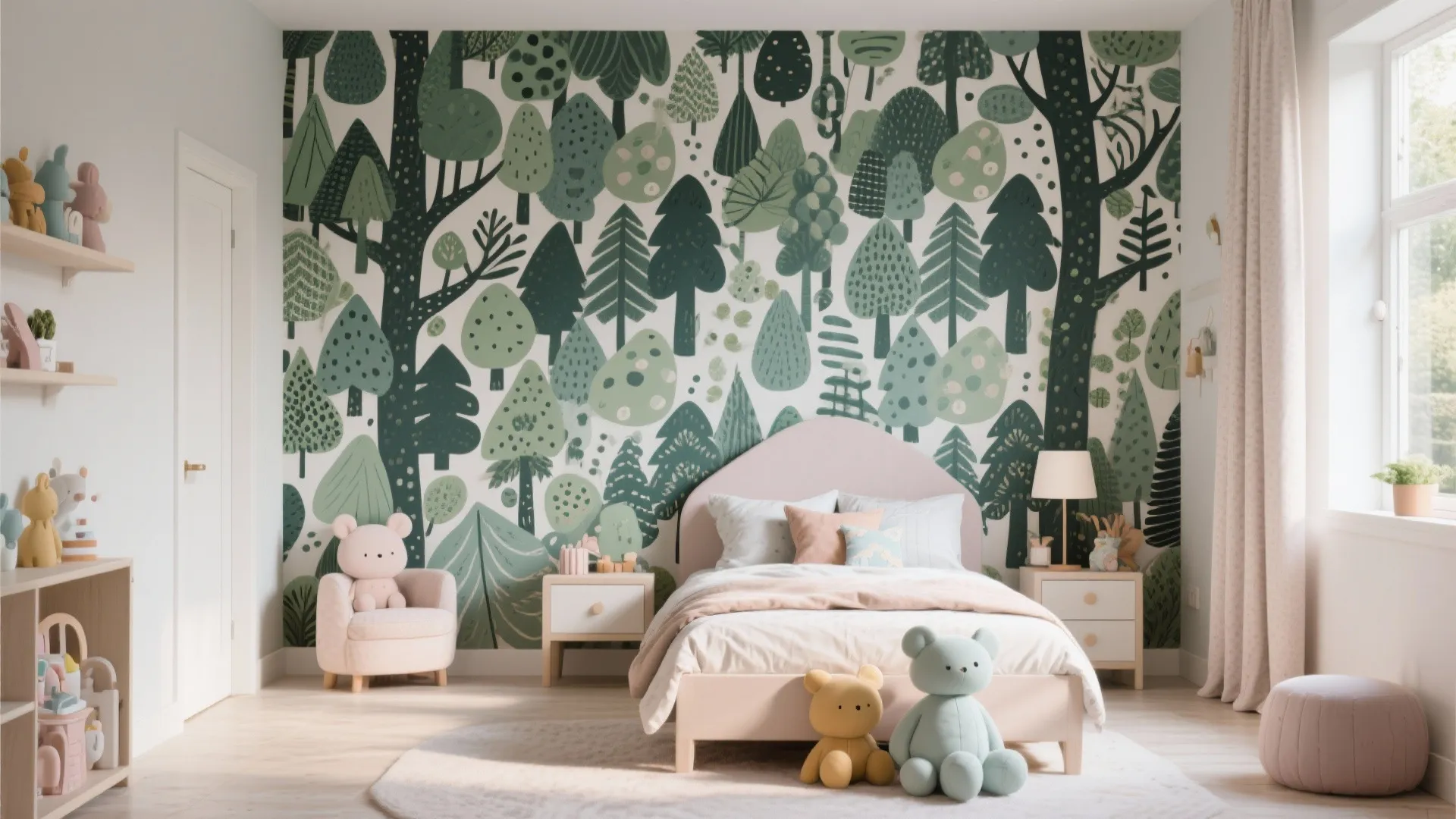 Kids bedroom with forest theme wallpaper plus a small bed and soft green stuffed animal toys