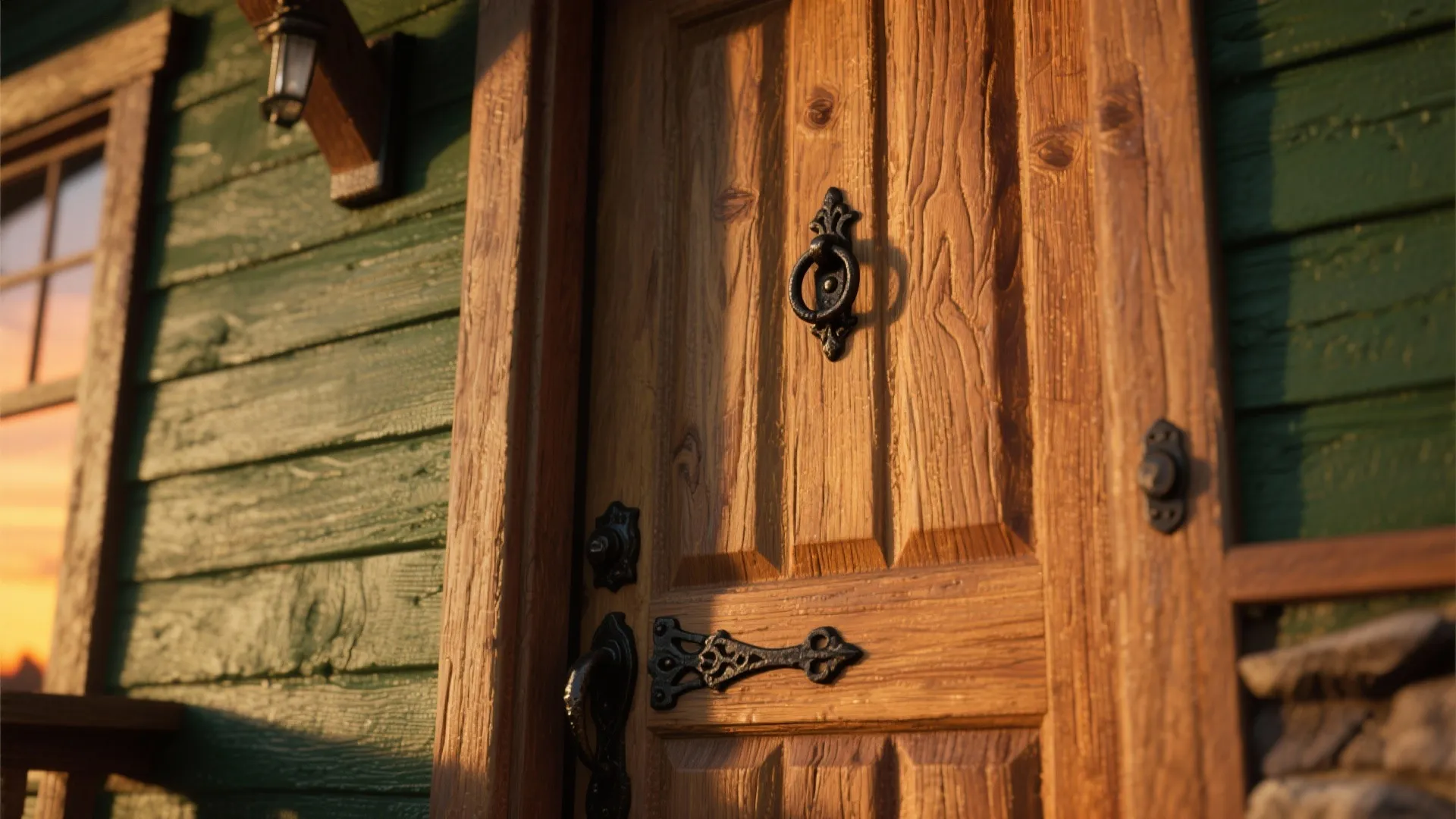 Close-up of stained cedar door with black hardware against forest green siding showing wood grain and paint texture.