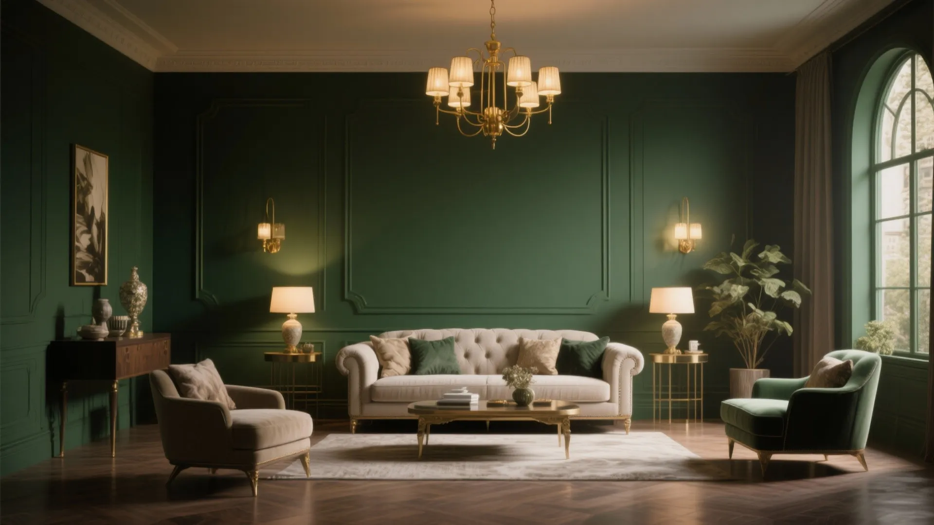 Forest green living room with brass lighting and decor