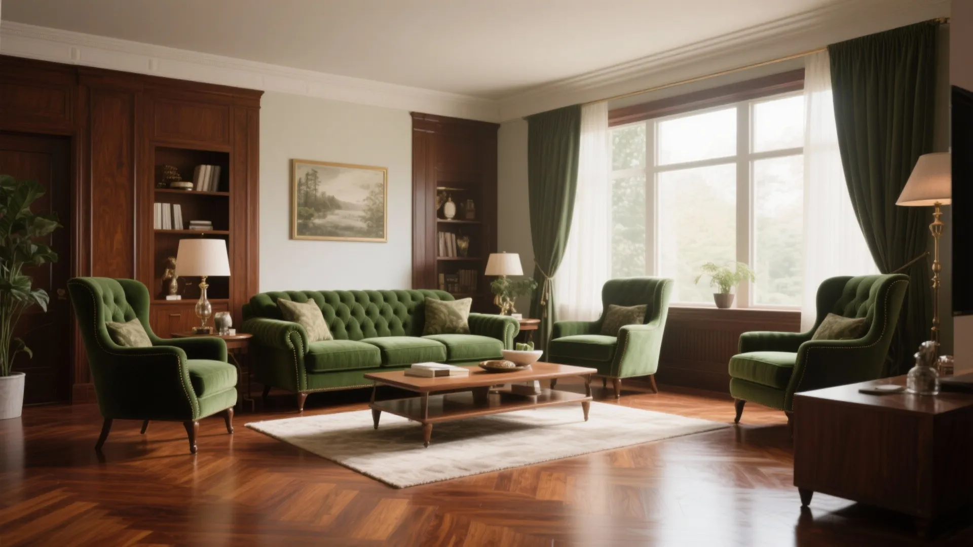 Forest green sofa and armchairs in a classic living room with dark wood wall panels