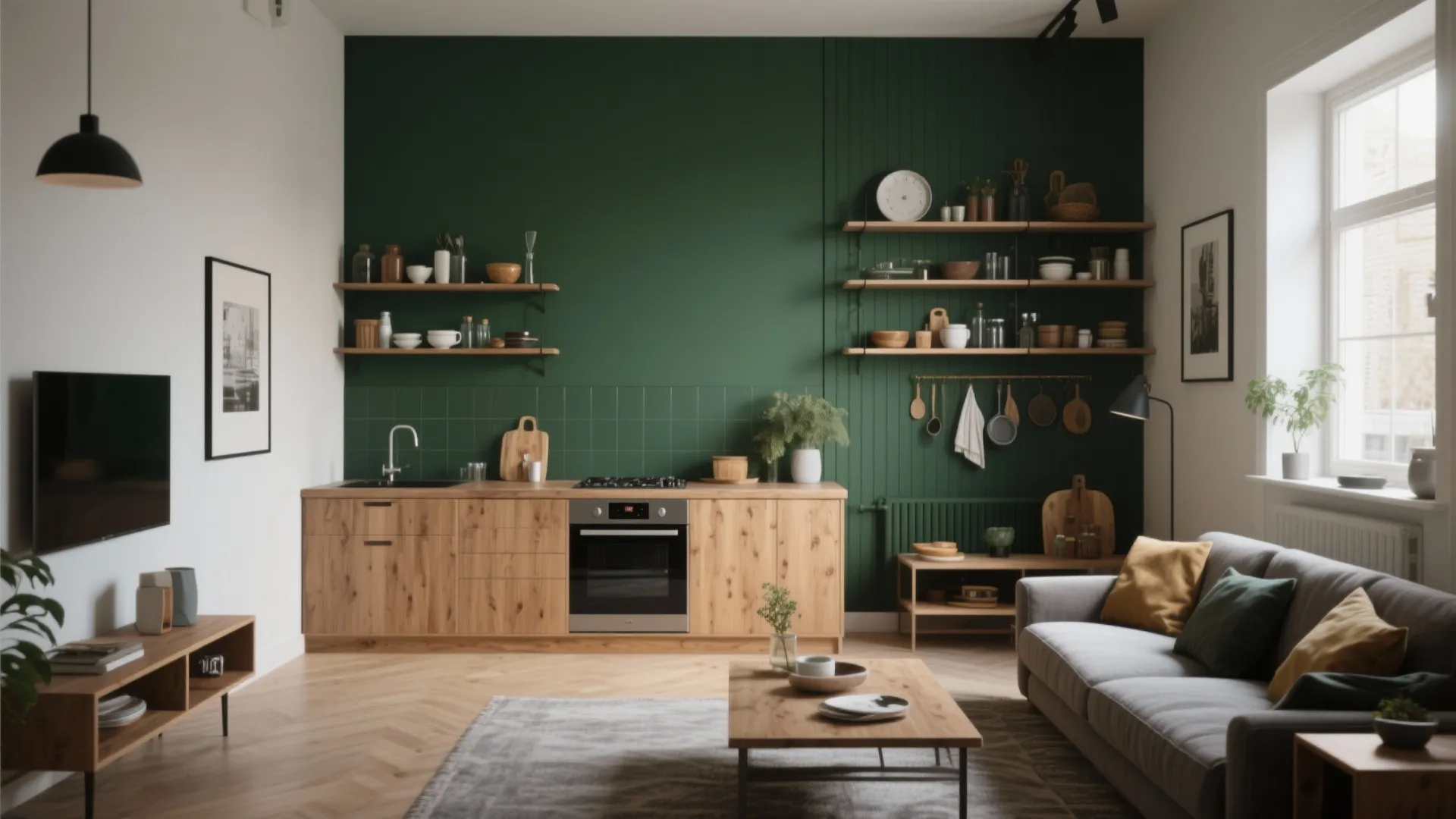 Forest green wall kitchen and living room with wooden cabinets grey sofa and wood floor