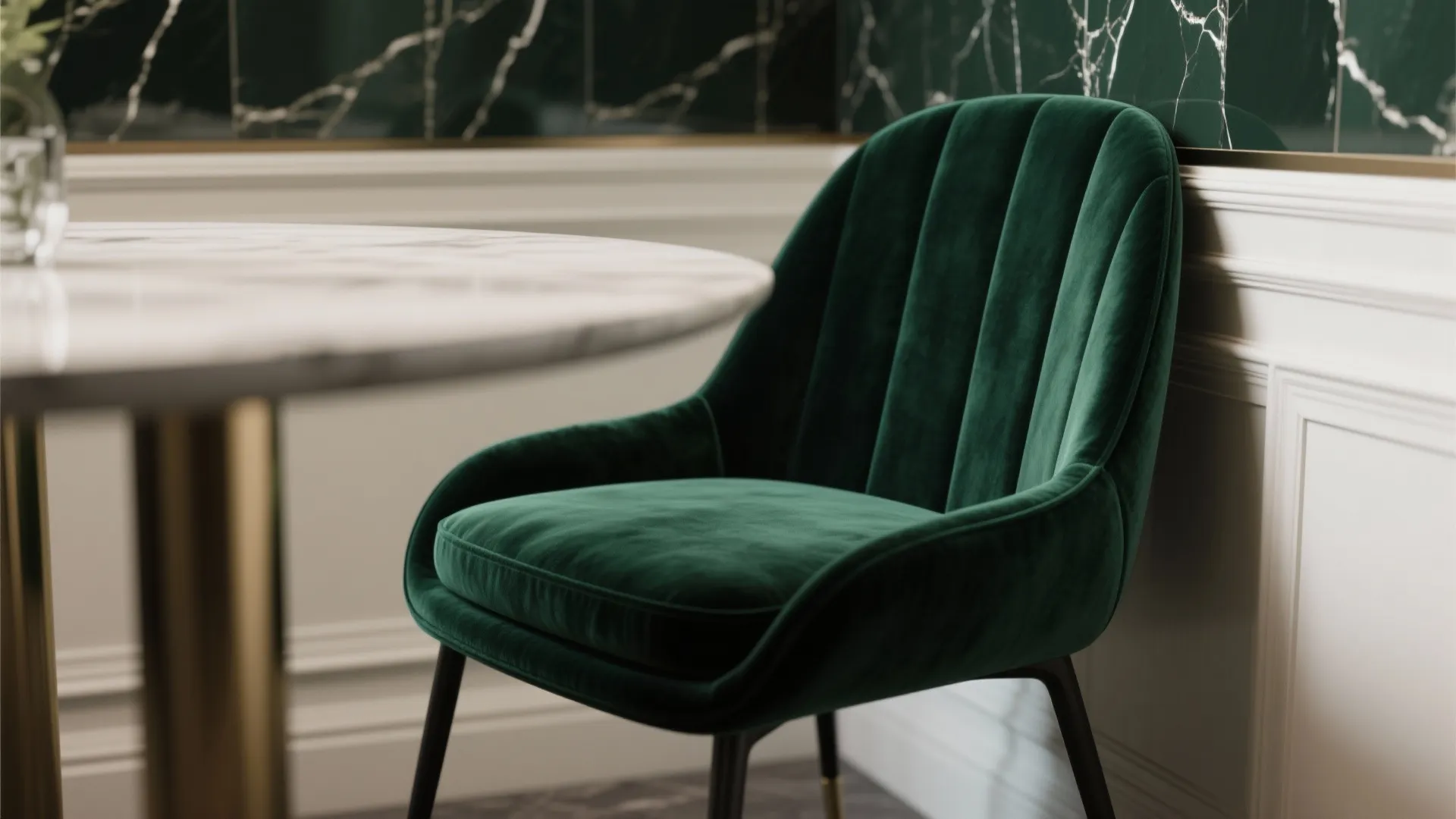 Forest-green velvet dining chair in a cozy small dining corner with reflective backsplash