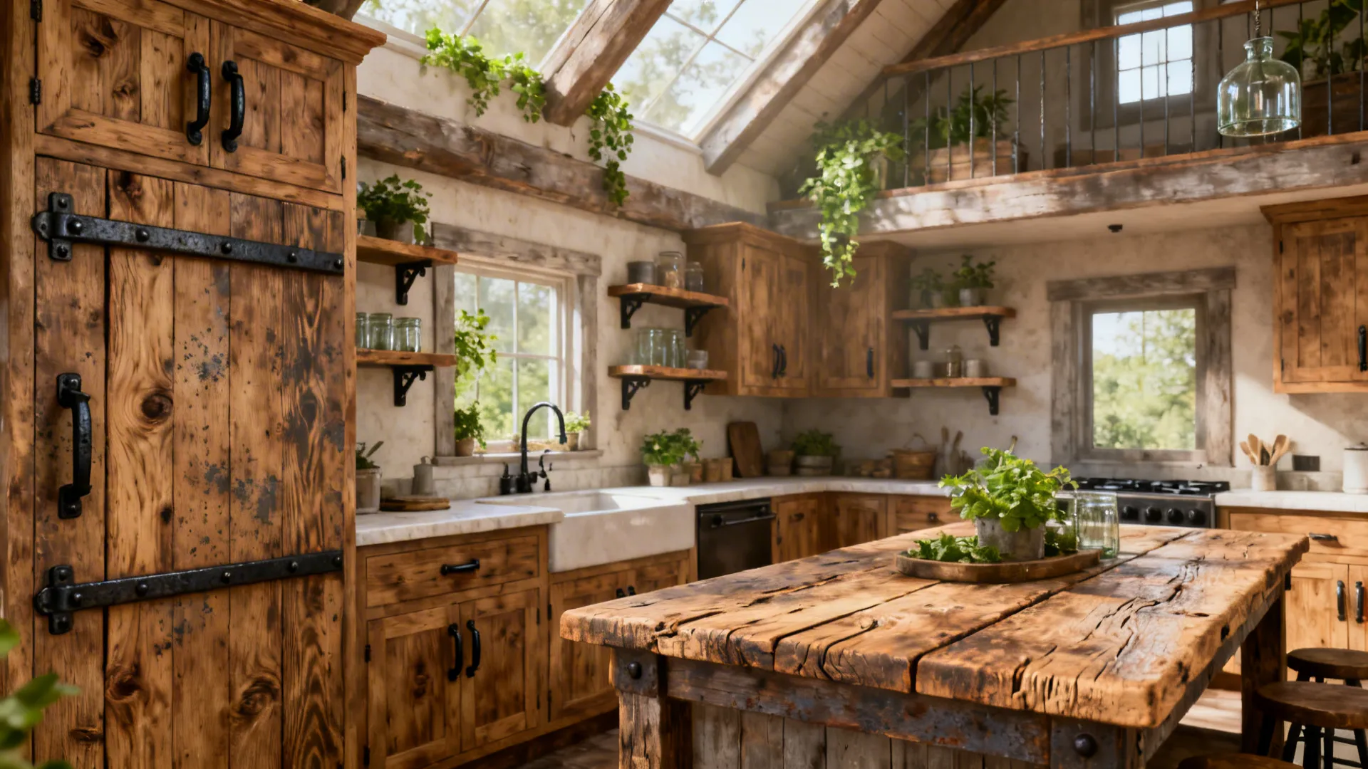 Rustic oak cabinets with forged iron bar pulls in a cozy farmhouse kitchen vignette.