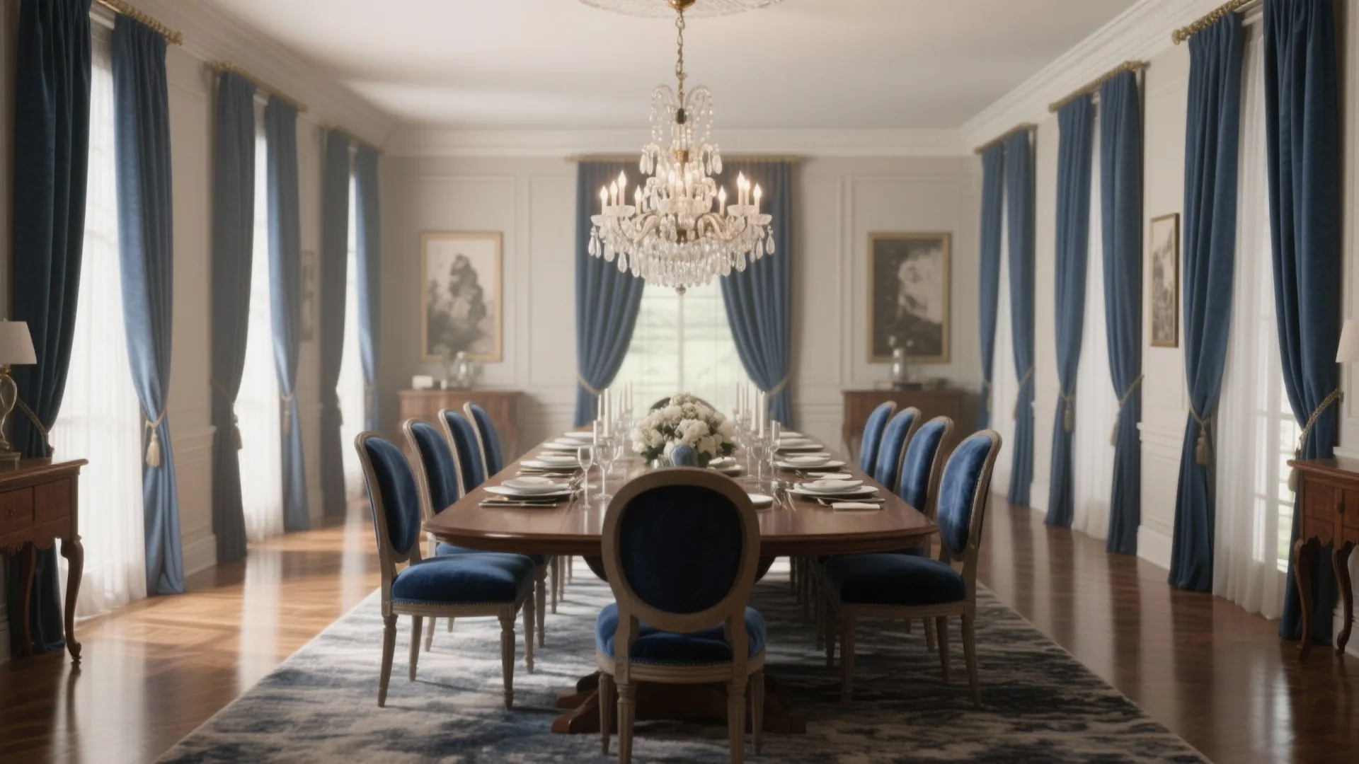 Elegant dining room with long wooden table blue velvet chairs crystal ceiling light and blue curtains