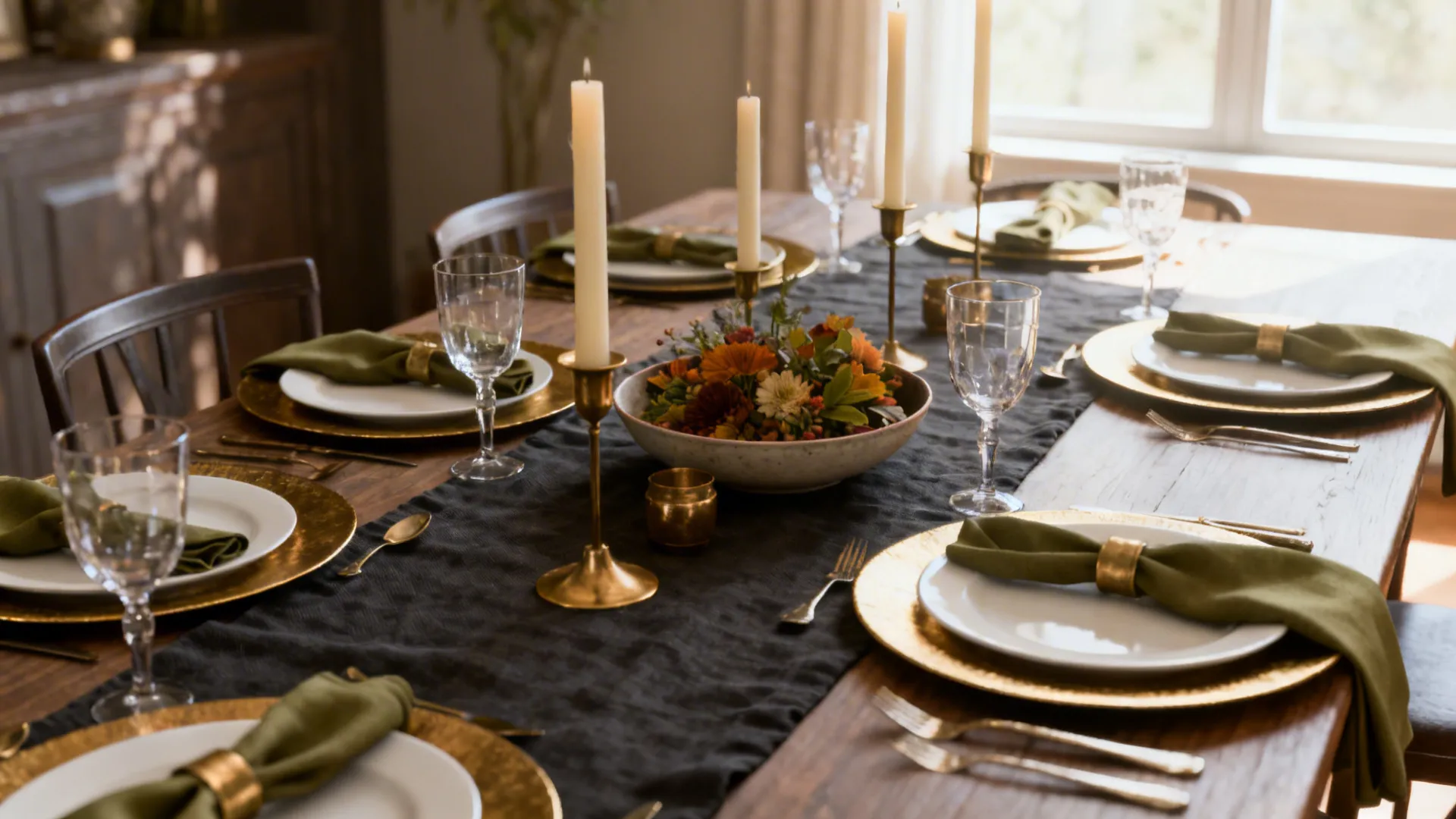 Formal dining table with black runner, gold plates, green napkins, tall candles, and flower centerpiece