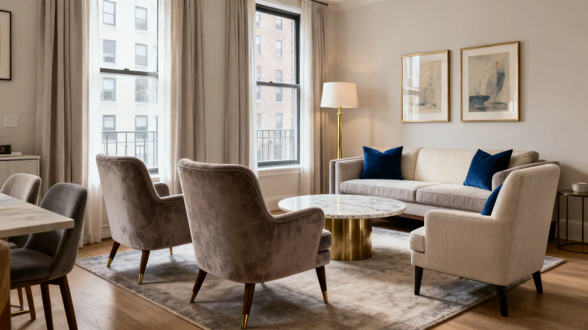 Zoned small living room with a symmetrical formal drawing corner and a cozy everyday area.
