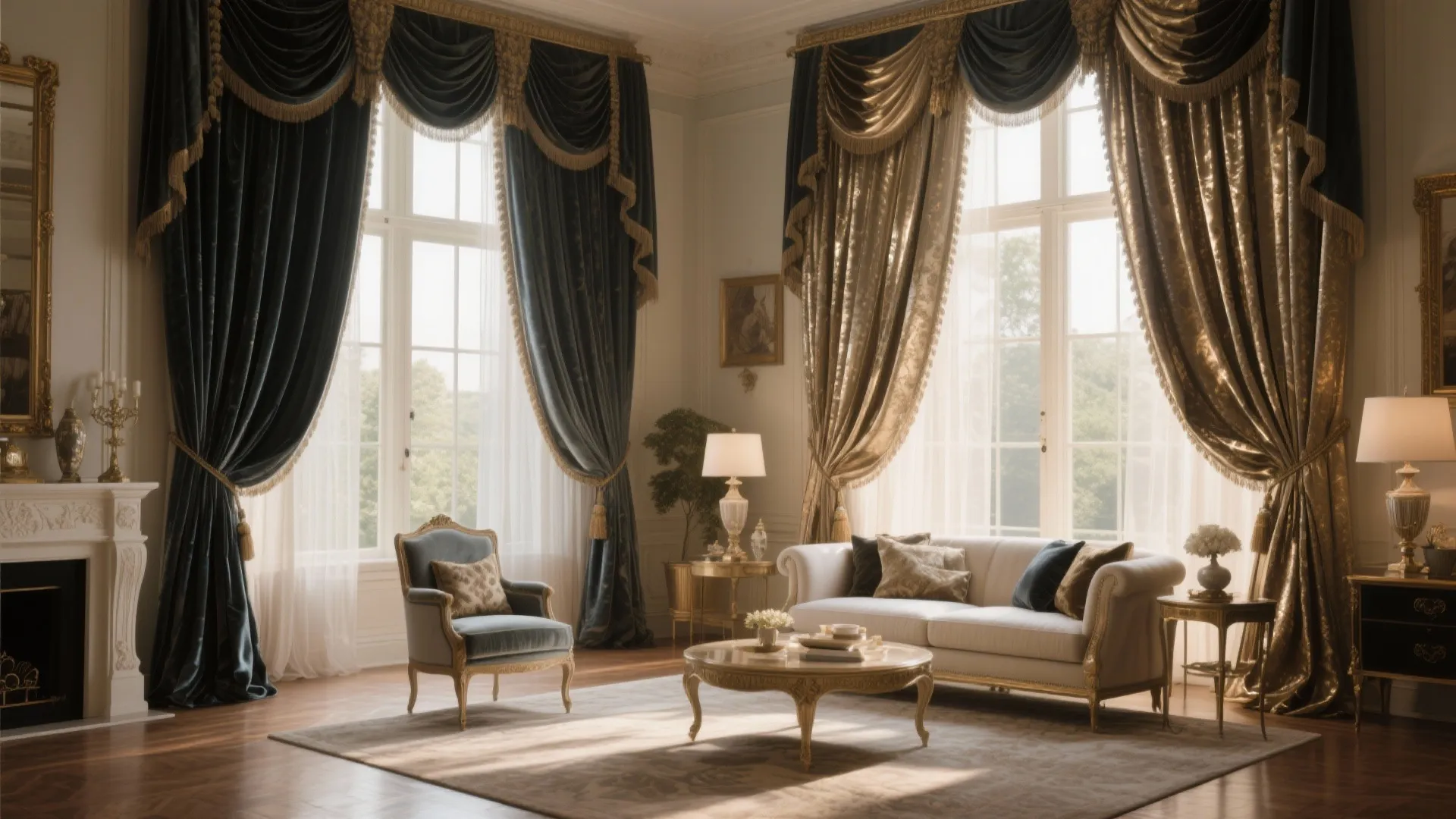Luxurious living room featuring blue and gold curtains white sofa classic chair and coffee table