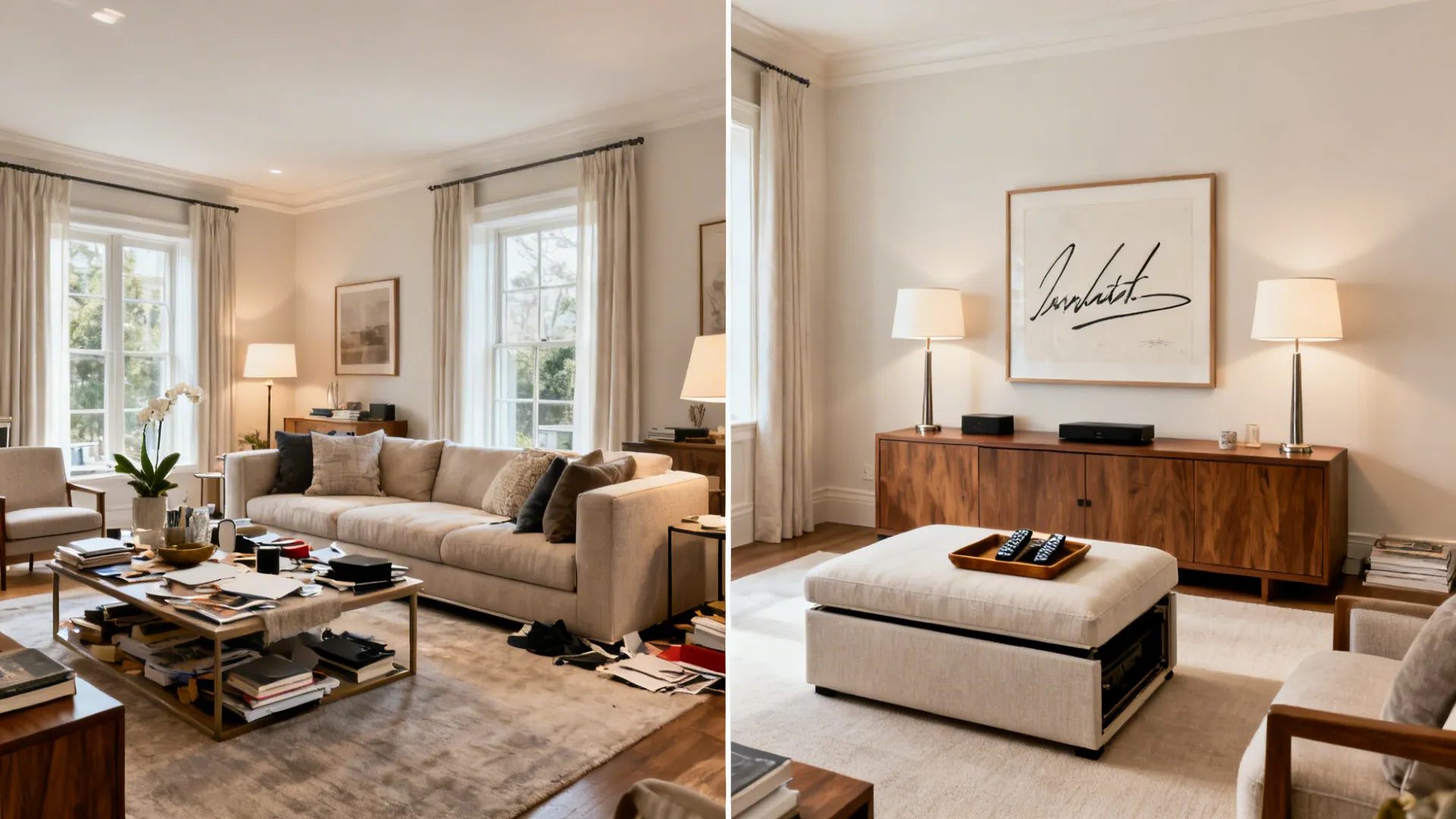 Before-and-after small living room showing cluttered space transformed into a tidy, guest-ready hybrid room.