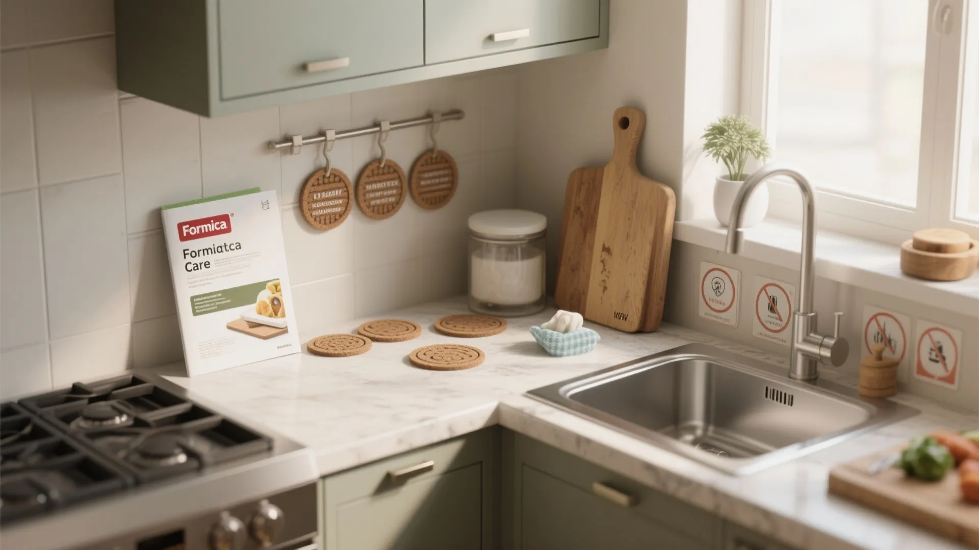 Kitchen corner with Formica care booklet and trivets illustrating maintenance tips.