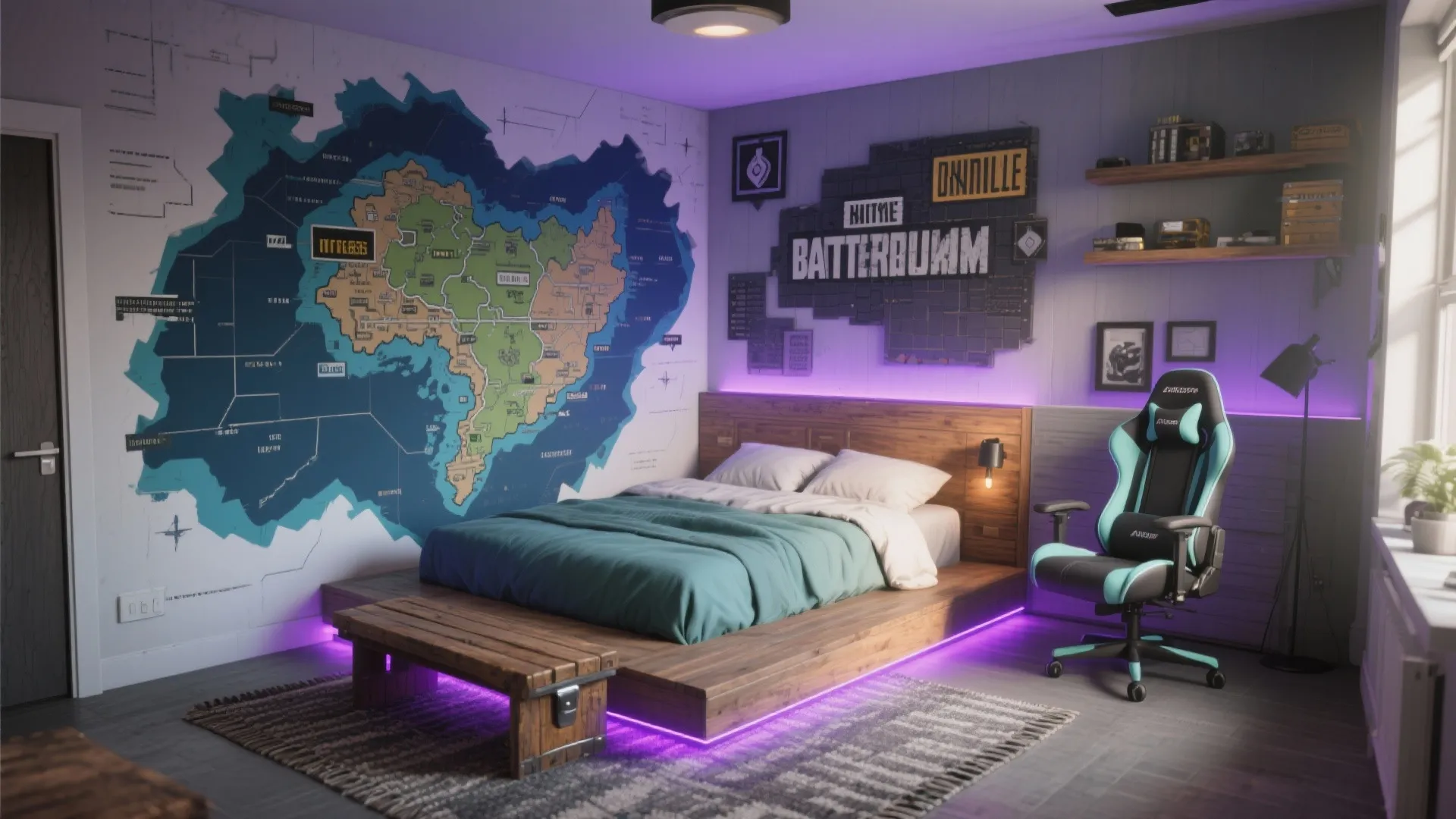 Gaming bedroom featuring a wooden bed frame with purple lighting and a large map mural