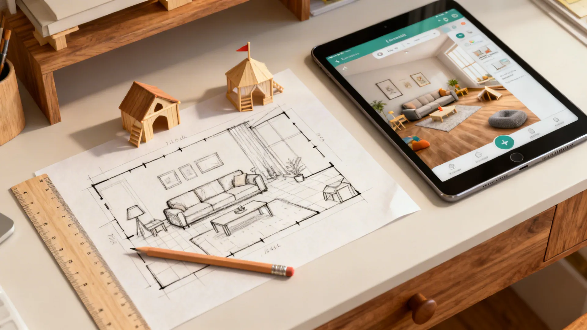 Top-down view of a floor plan sketch next to a tablet displaying a room planner for fort layouts.